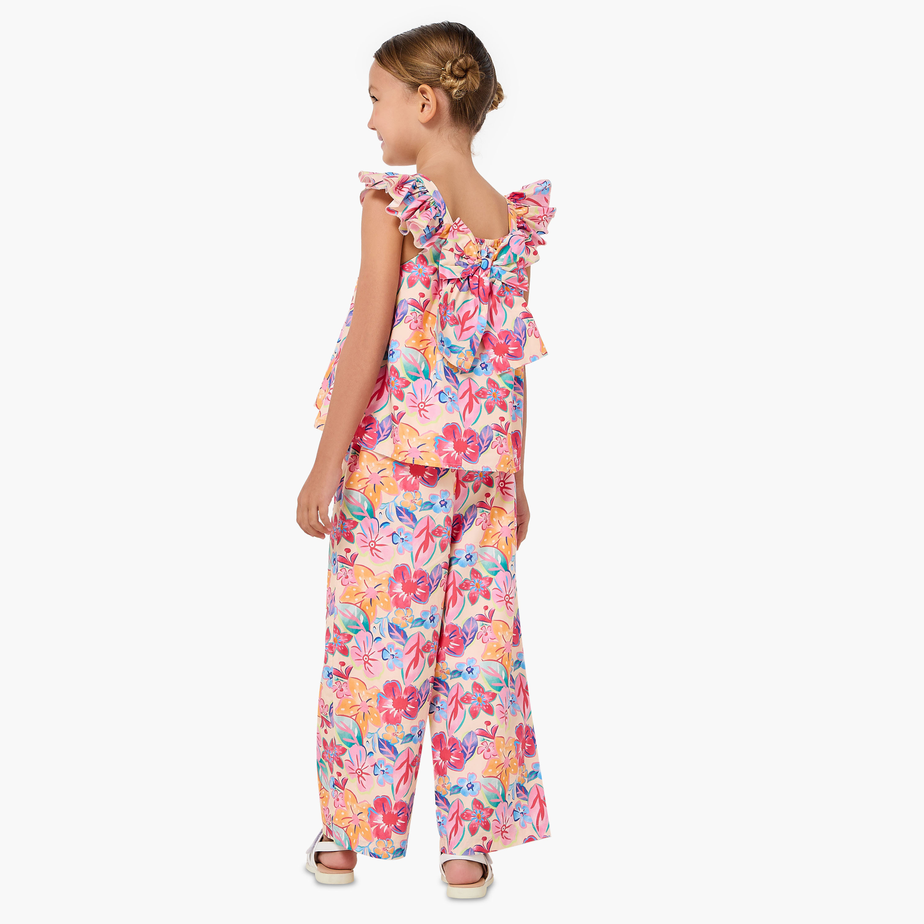 طقم بلوزة بياقة مربعة وأكمام بكشكش وبنطلون بطبعات زهور من جونيورز-girls-clothing-setsandcoords-image-4