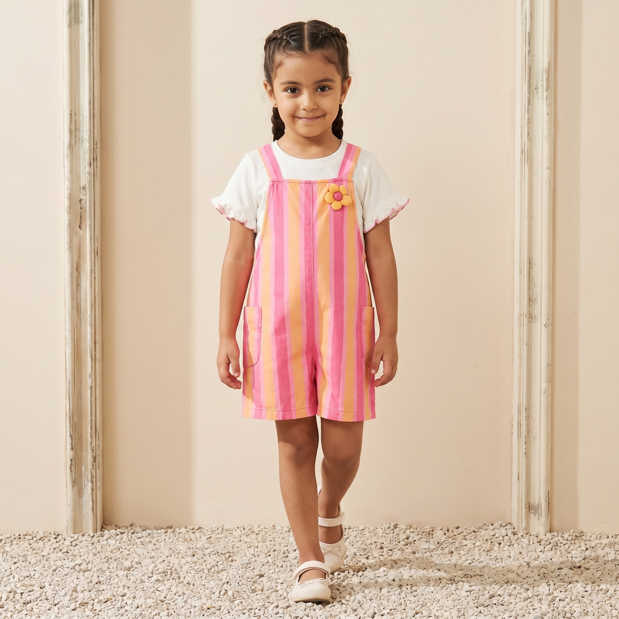 Juniors Crew Neck Short Sleeves T-shirt and Dungaree Set with Stripes-girls-clothing-dressesandjumpsuits-image-1