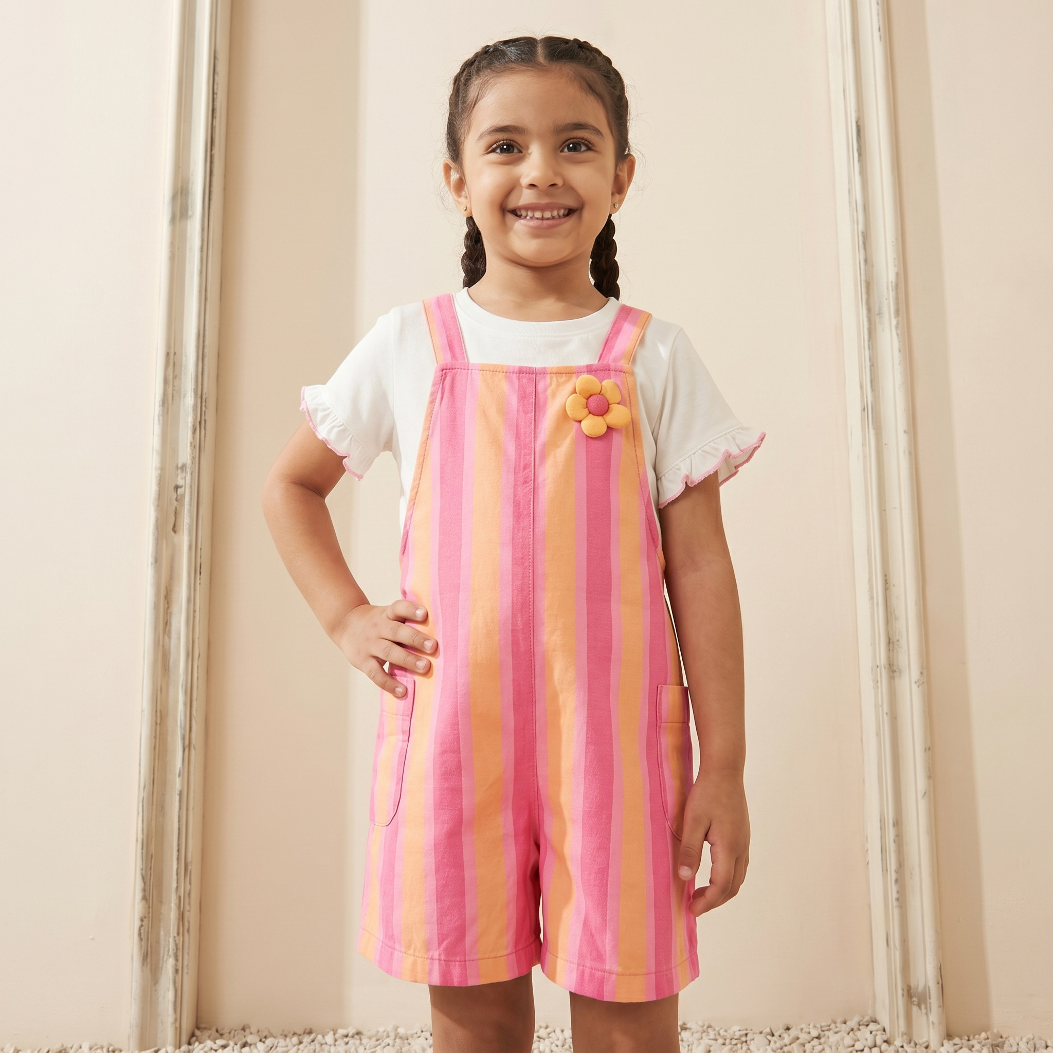 Juniors Crew Neck Short Sleeves T-shirt and Dungaree Set with Stripes-girls-clothing-dressesandjumpsuits-image-2