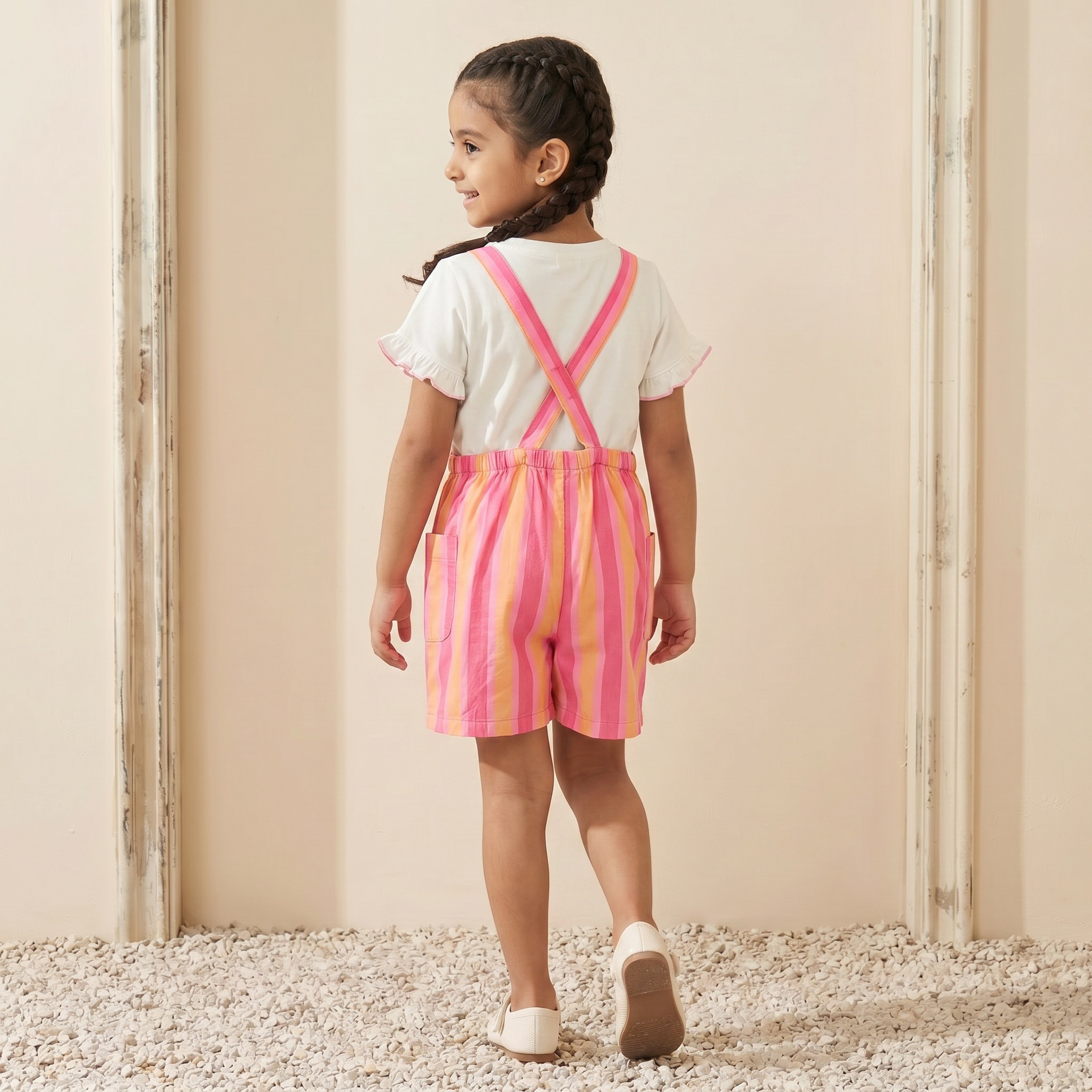 Juniors Crew Neck Short Sleeves T-shirt and Dungaree Set with Stripes-girls-clothing-dressesandjumpsuits-image-3