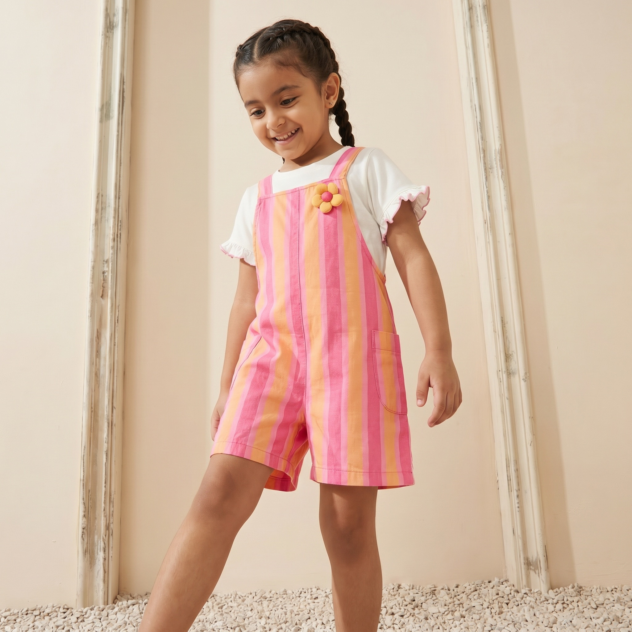 Juniors Crew Neck Short Sleeves T-shirt and Dungaree Set with Stripes-girls-clothing-dressesandjumpsuits-image-5