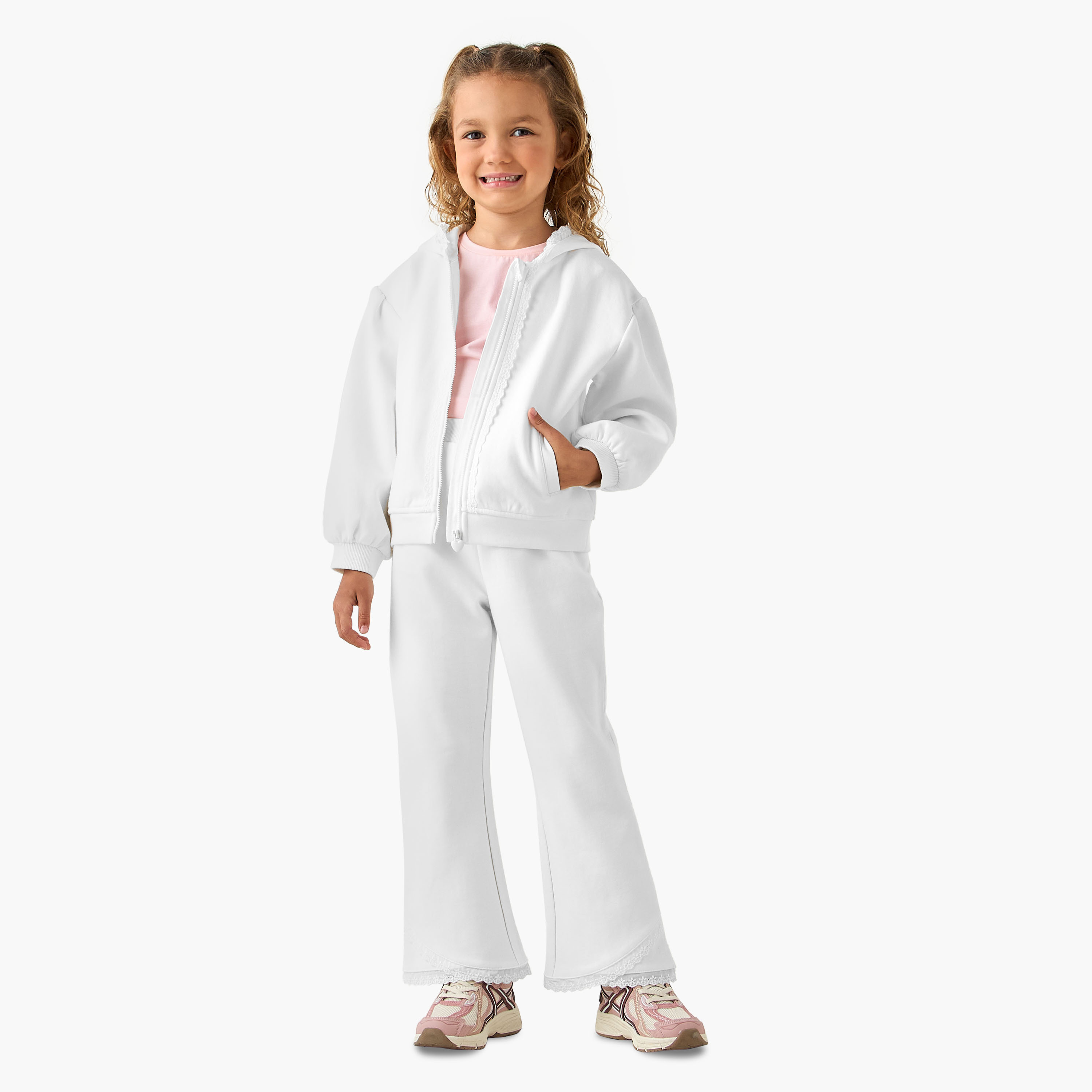 Juniors Hooded Long Sleeves Sweatshirt and Track Pants Set with Lace Trim-baby-girls-clothing-setsandcoords-image-1