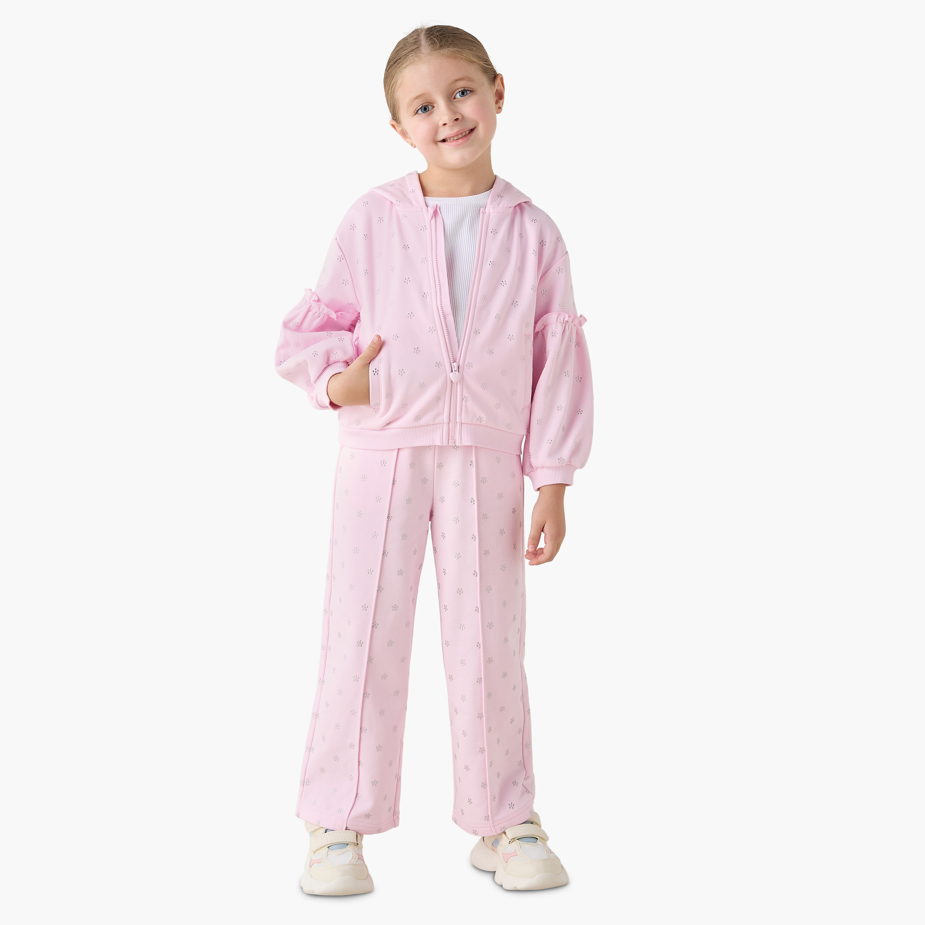 Juniors Hooded Long Sleeves Sweatshirt and Pants Set with Embellished Detail-girls-clothing-setsandcoords-image-1