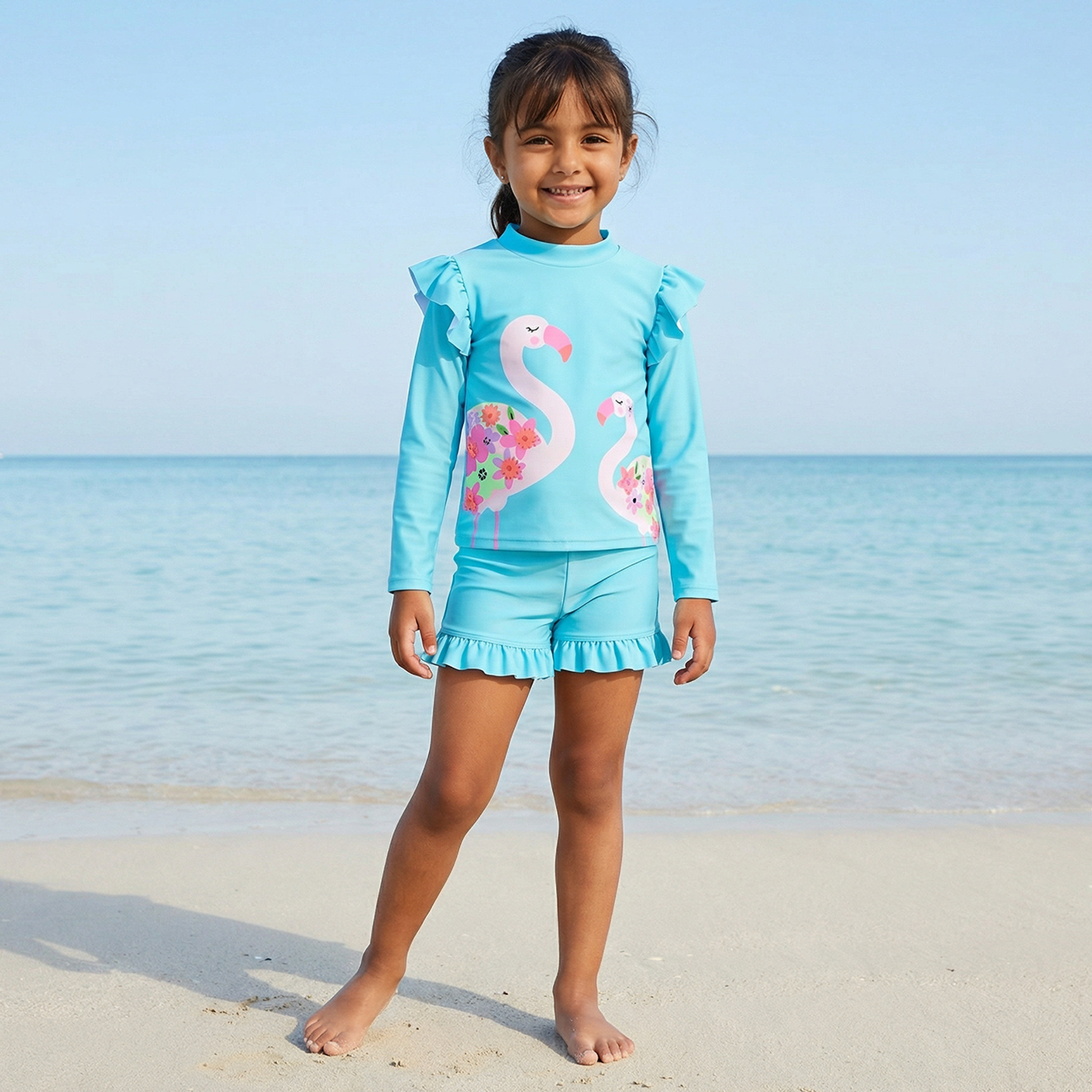 Juniors Girls Flamingo Print Rash Guard and Swim Shorts Set-girls-clothing-swimwear-image-1