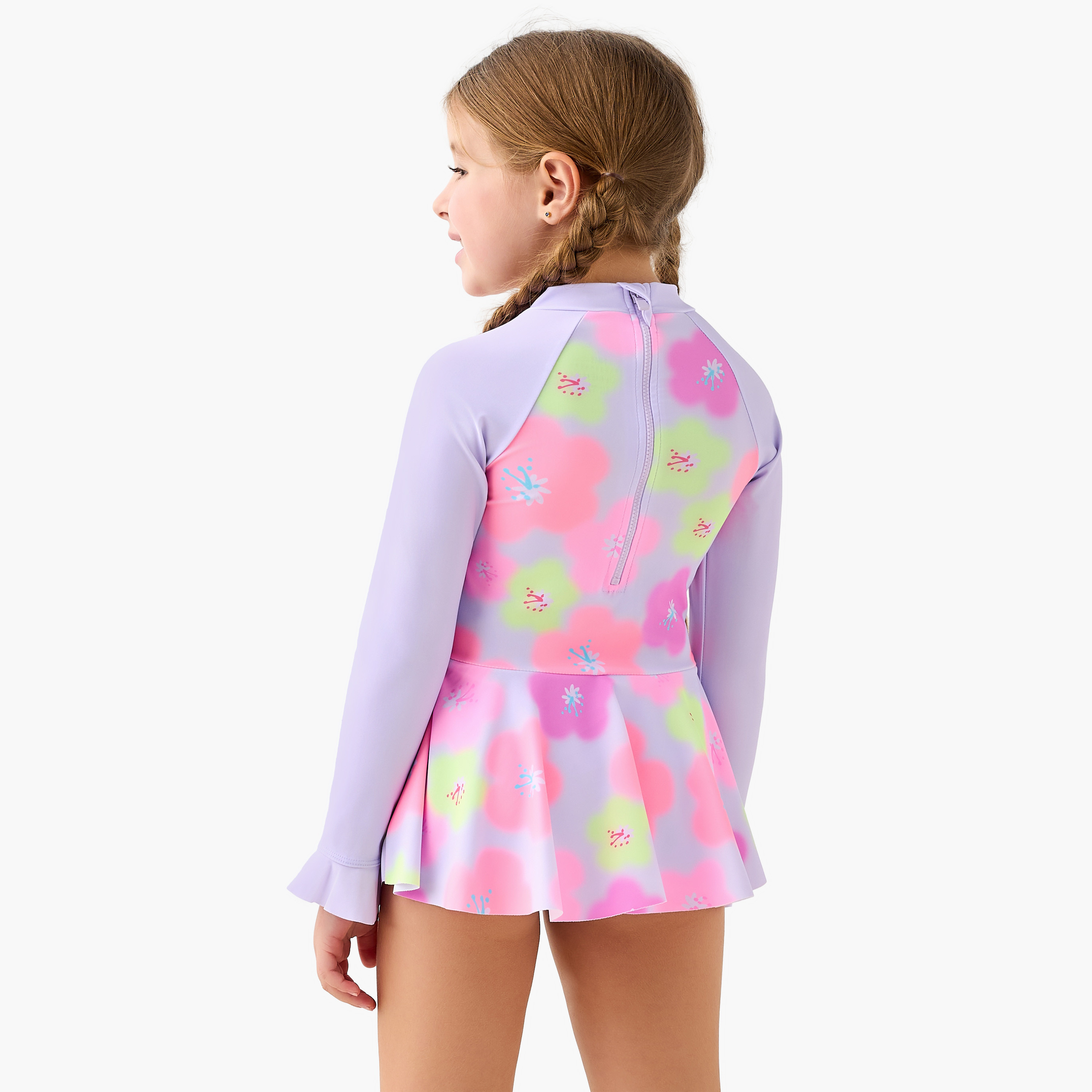 بدلة سباحة بأكمام طويلة ورقبة عالية وسحاب إغلاق من جونيورز-girls-clothing-sportswear-swimwear-image-3