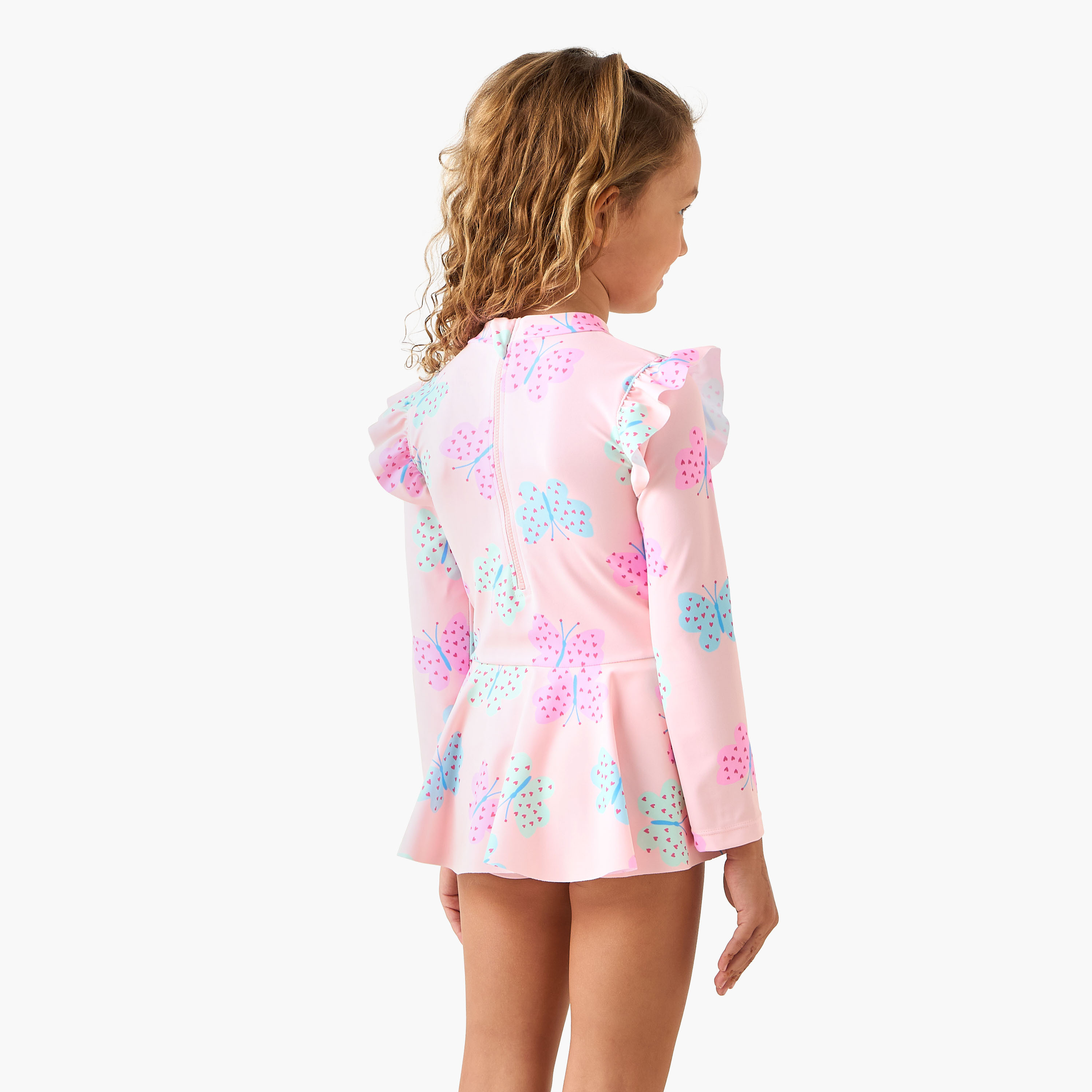 بدلة سباحة بأكمام طويلة وياقة مستديرة وطبعات فراشة من جونيورز-girls-clothing-swimwear-image-3