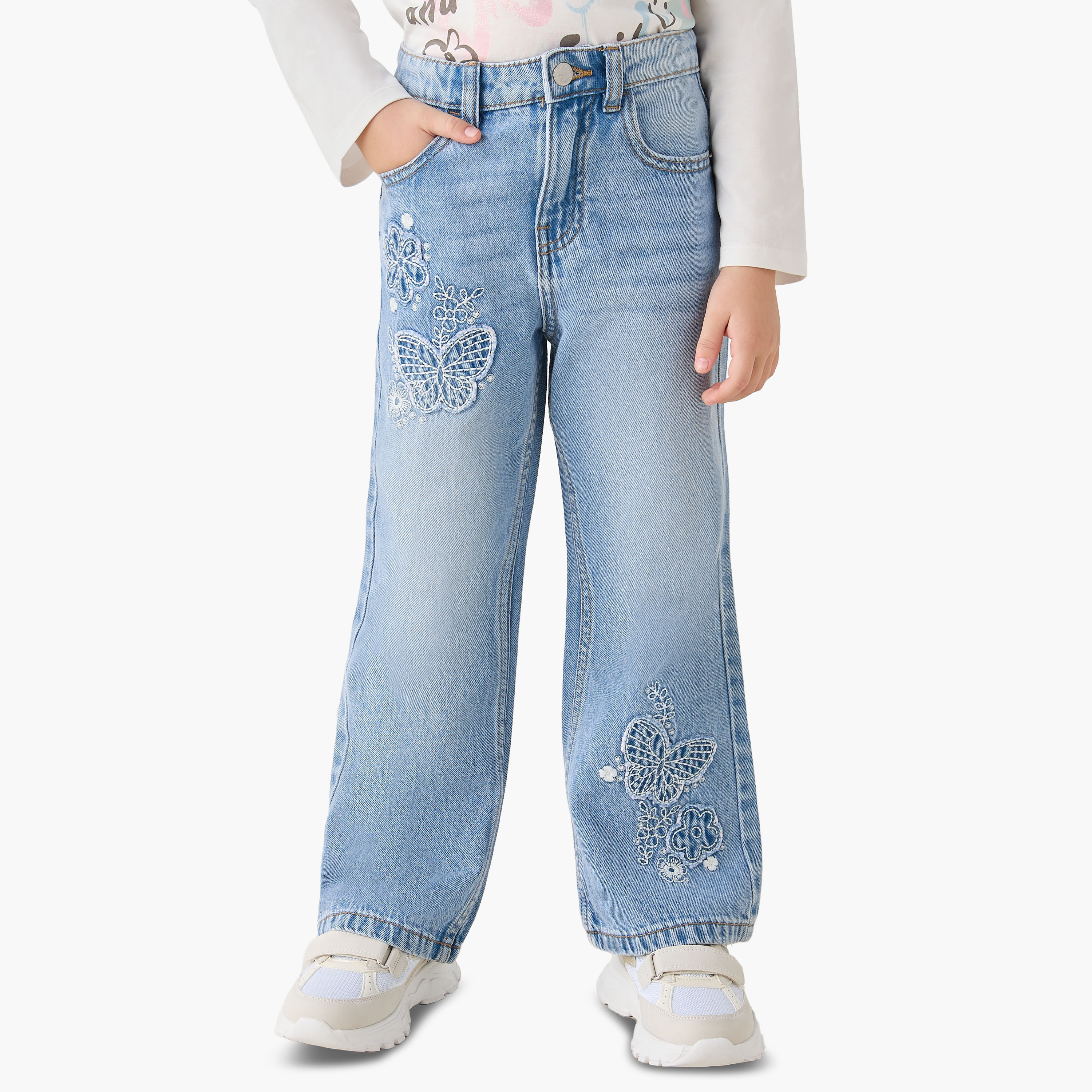 Juniors Wide Leg Butterfly Applique Jeans with Button Waist-girls-clothing-bottoms-jeansandjeggings-image-1