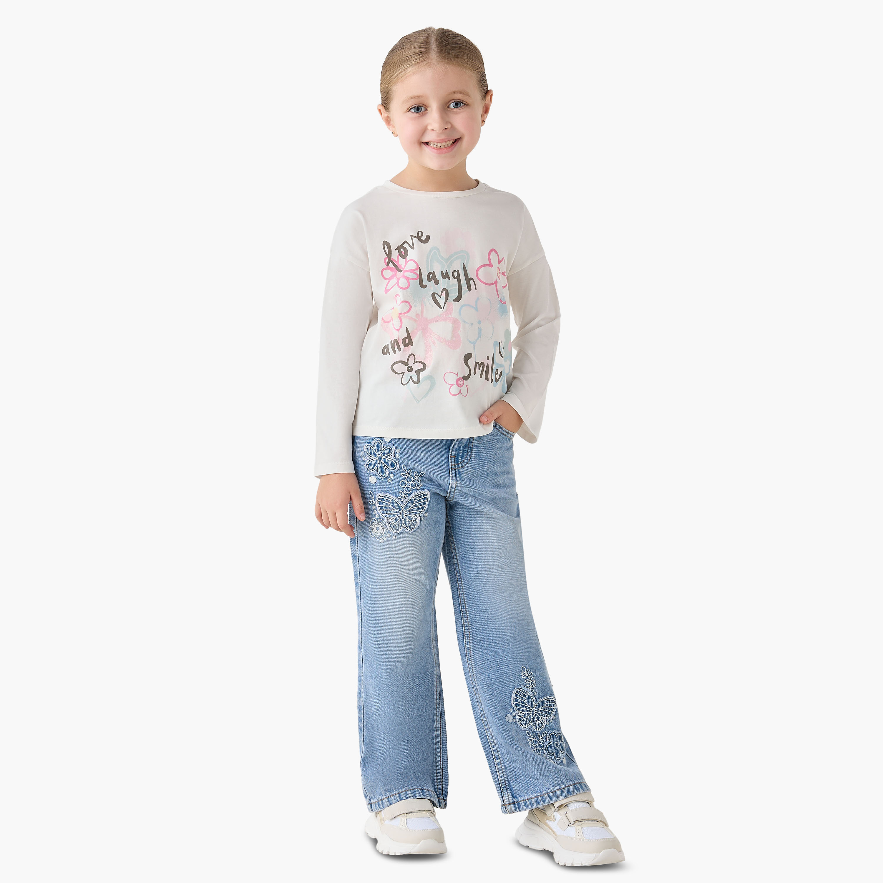 Juniors Wide Leg Butterfly Applique Jeans with Button Waist-girls-clothing-bottoms-jeansandjeggings-image-2