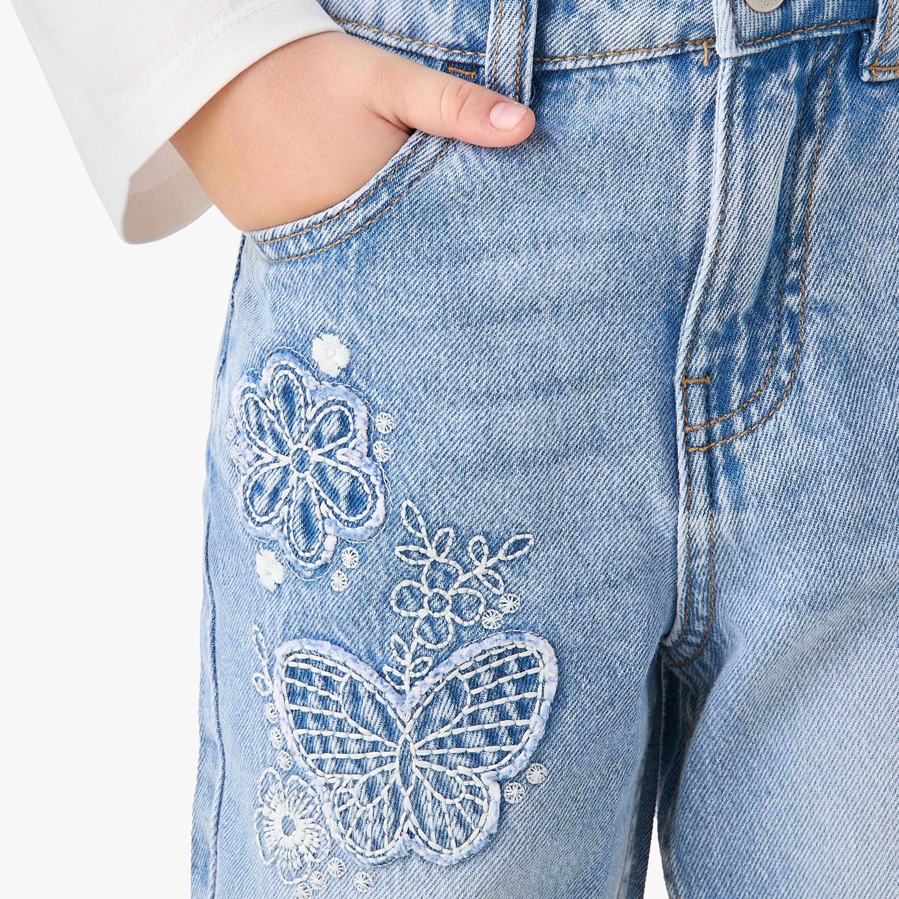 Juniors Wide Leg Butterfly Applique Jeans with Button Waist-girls-clothing-bottoms-jeansandjeggings-image-4
