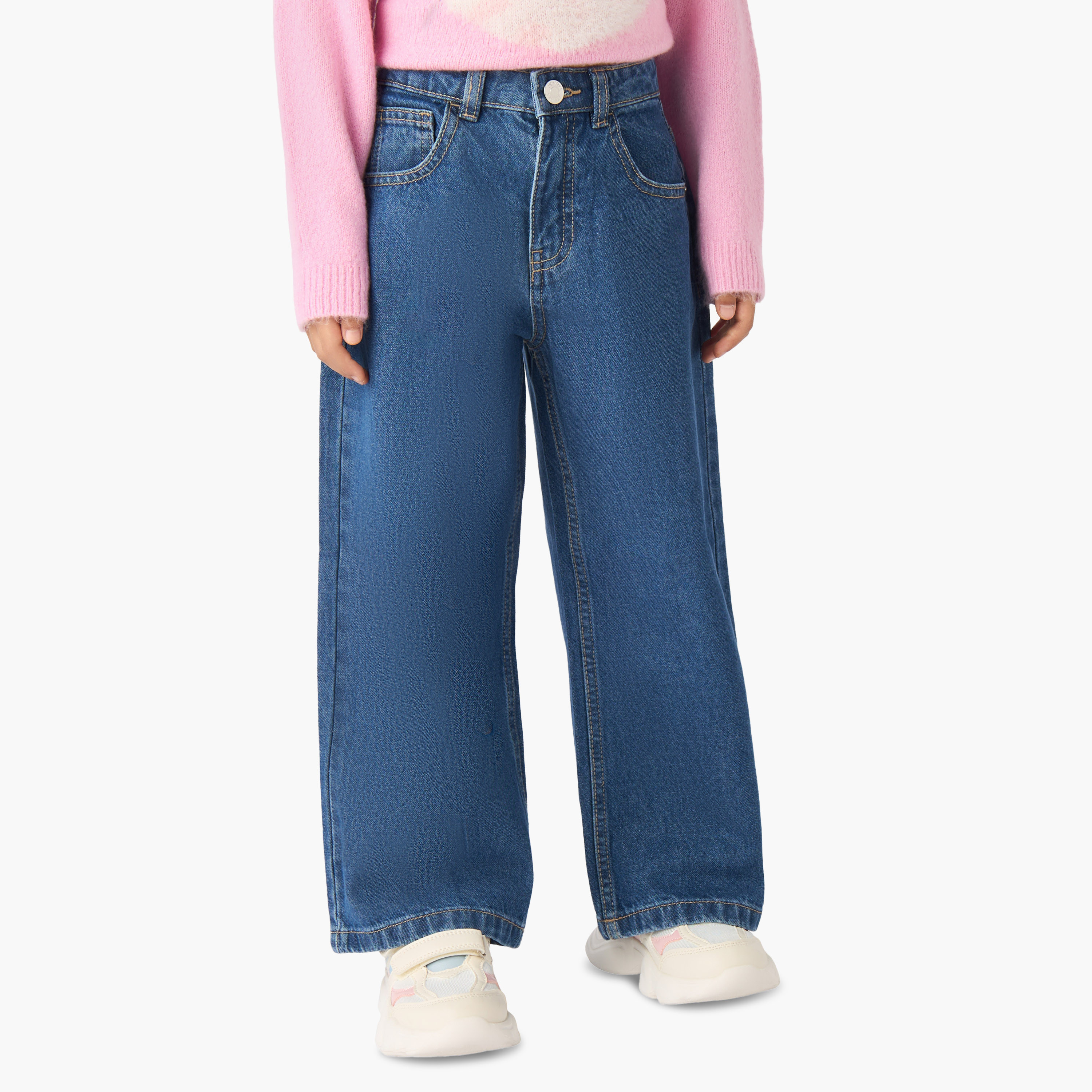 Juniors Wide Leg Jeans with Pockets, Button Waist-girls-clothing-bottoms-jeansandjeggings-image-1