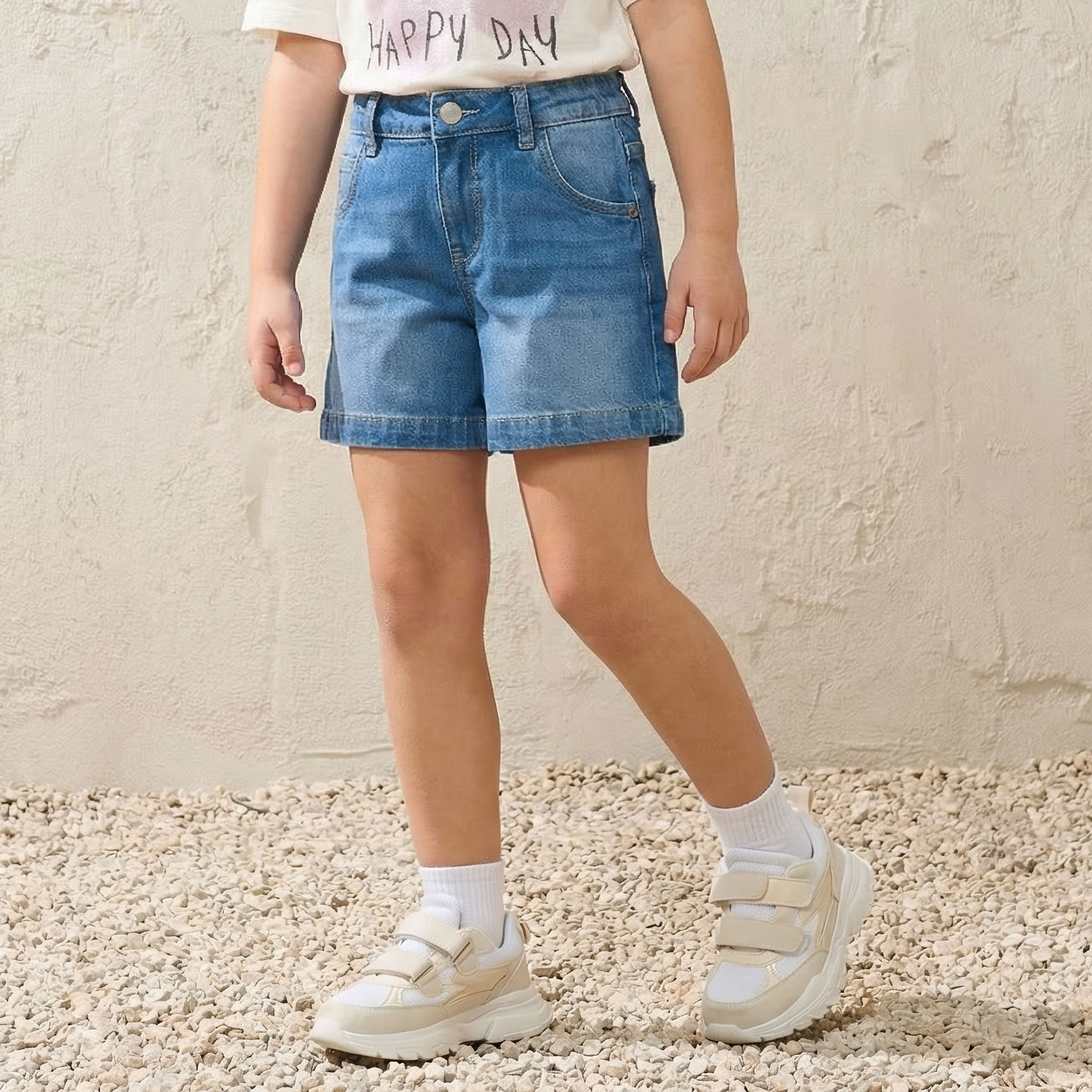 Juniors Elasticated Waist Denim Shorts with Pockets-girls-clothing-bottoms-shorts-image-1