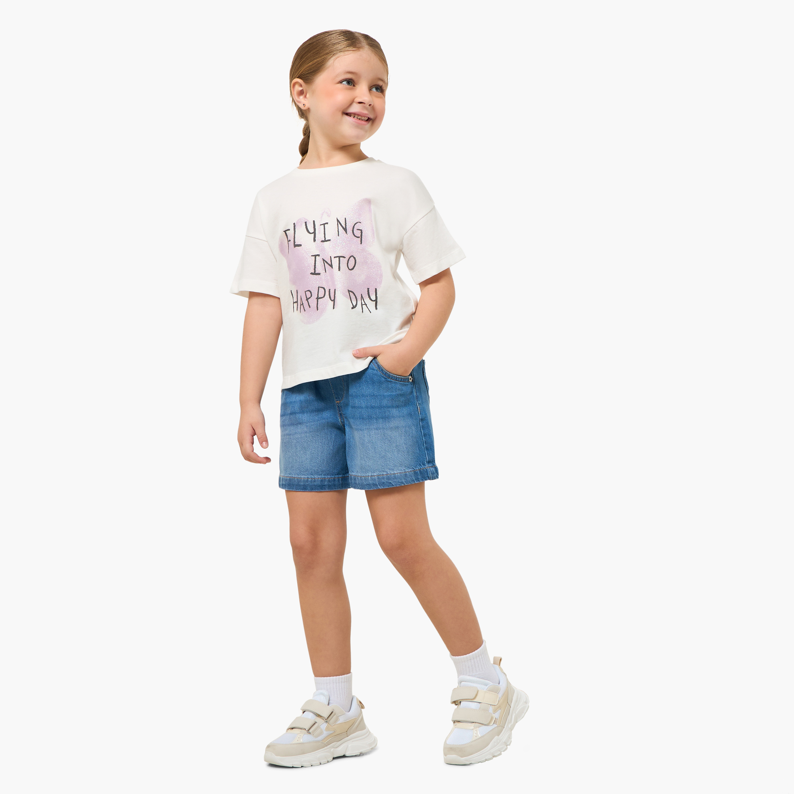 Juniors Elasticated Waist Denim Shorts with Pockets-girls-clothing-bottoms-shorts-image-2