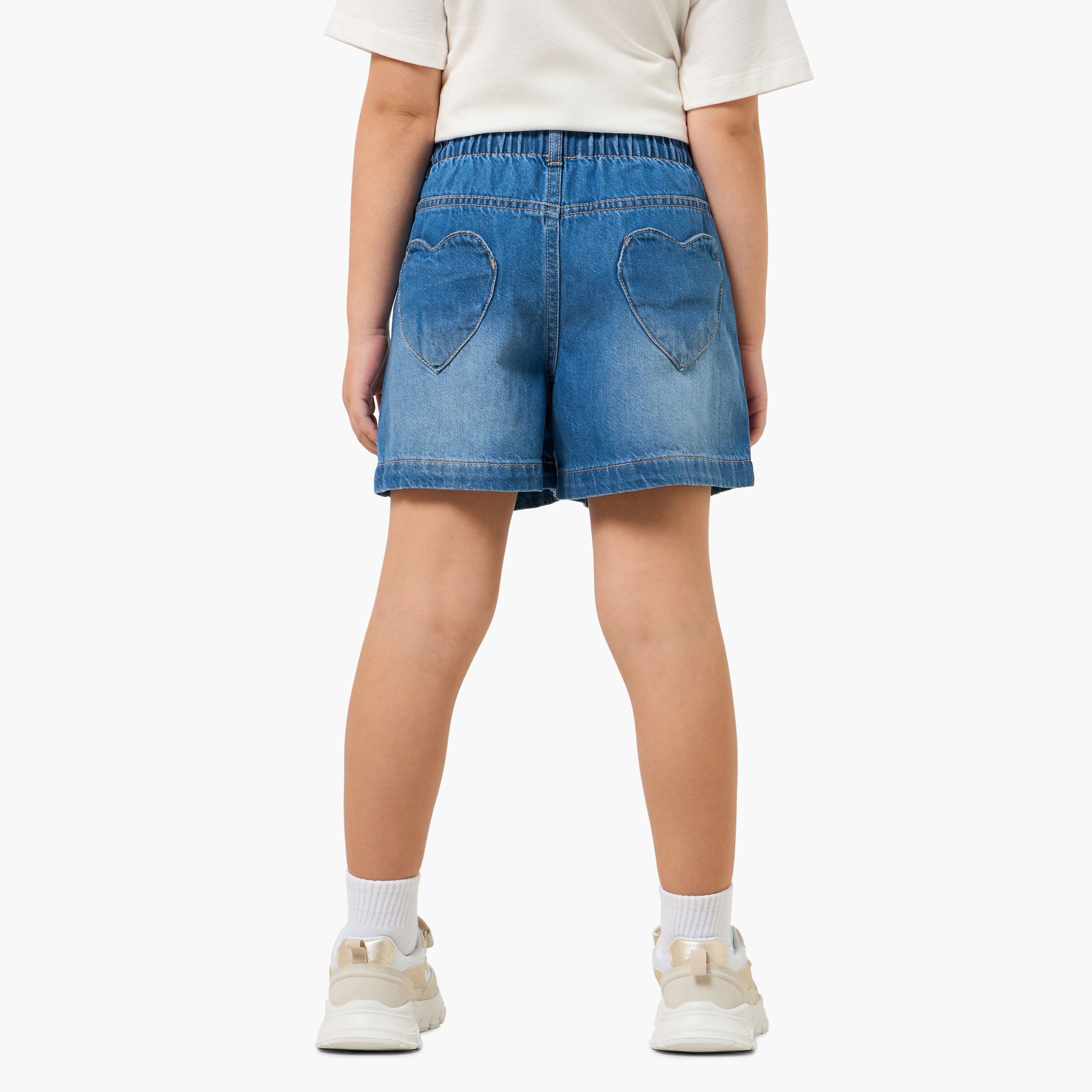 Juniors Elasticated Waist Denim Shorts with Pockets-girls-clothing-bottoms-shorts-image-3