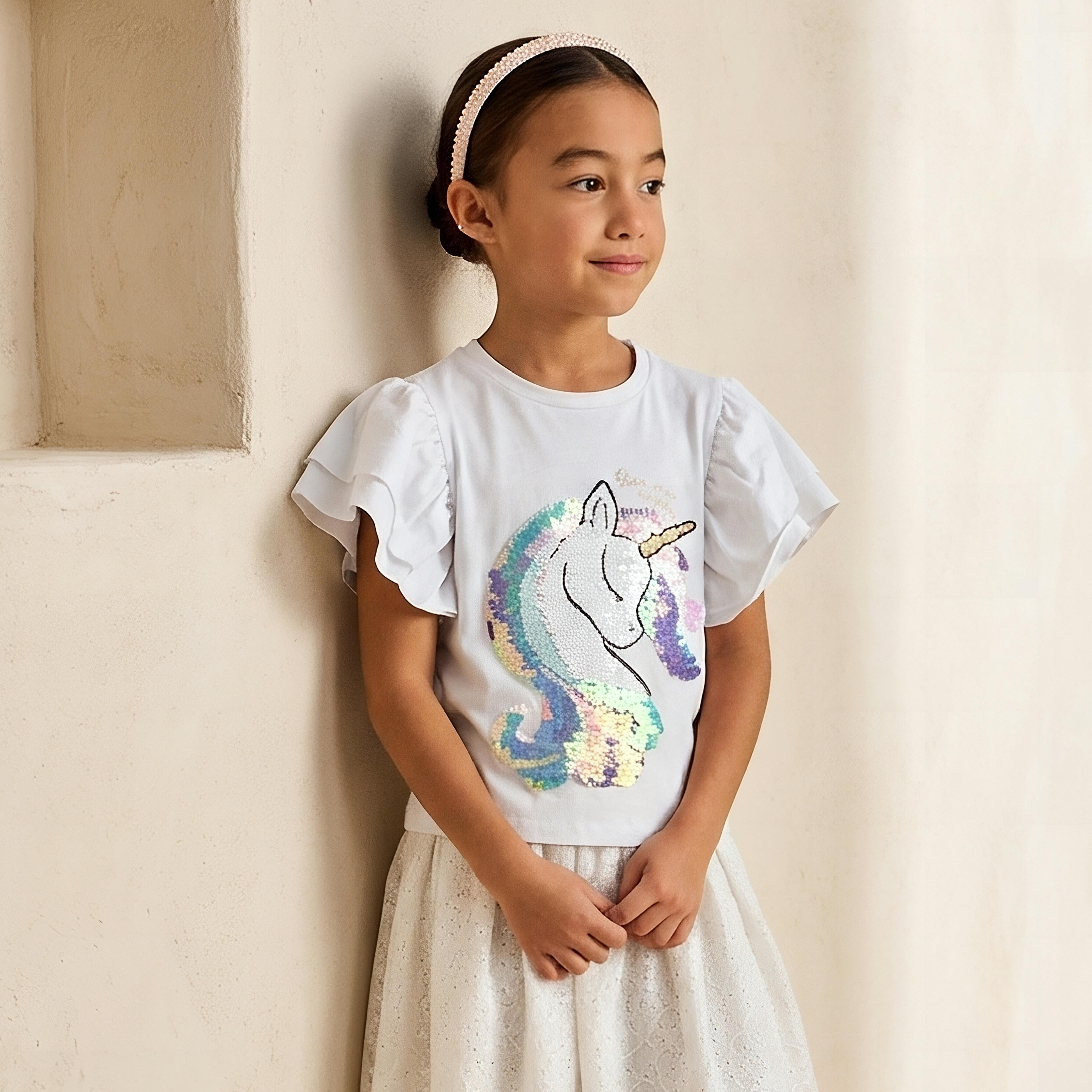 Juniors Crew Neck Cap Sleeves Top with Sequin Embellishments-baby-girls-clothing-blousesandshirts-image-2