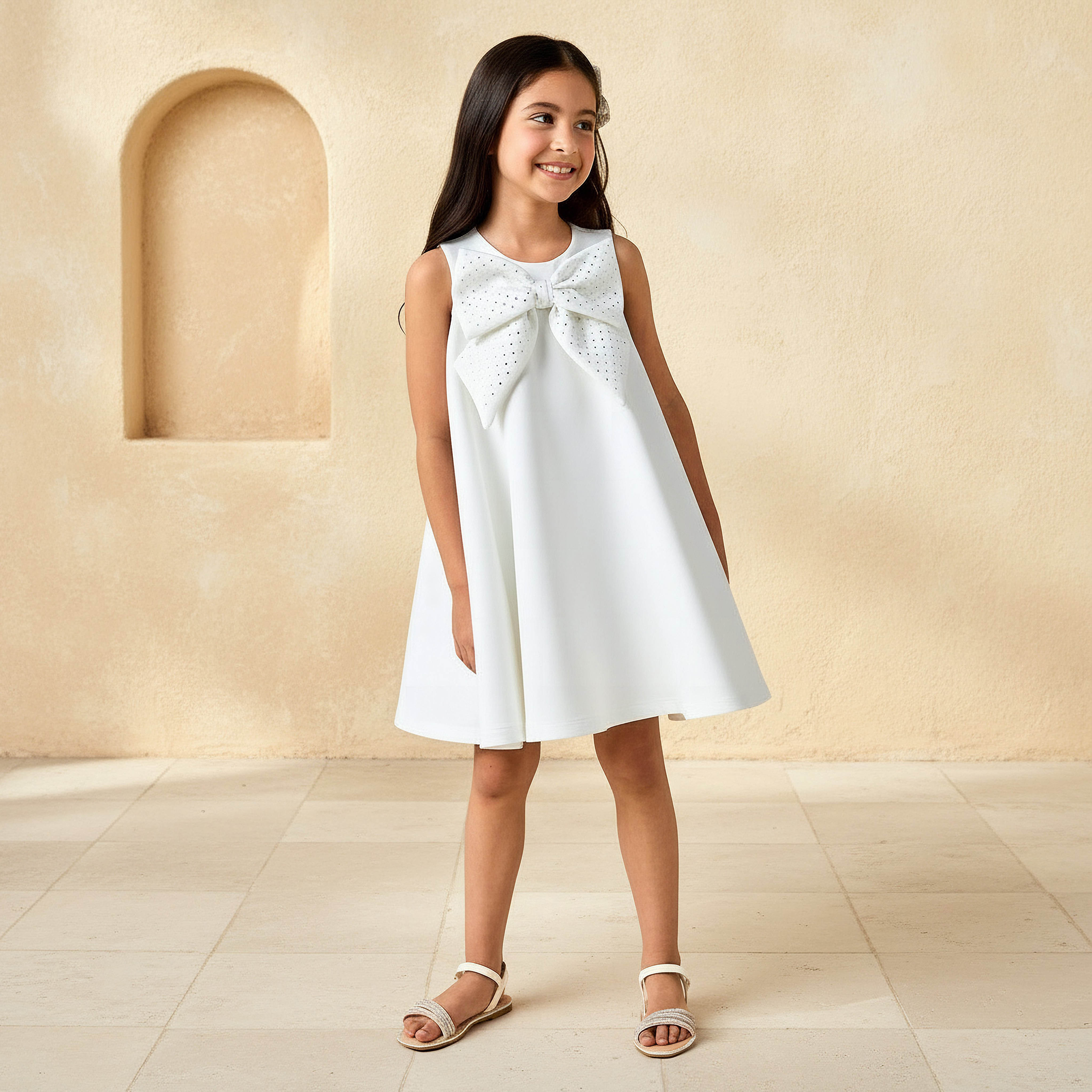 Juniors Round Neck Sleeveless Dress with Bow Embellishment-girls-clothing-dressesandjumpsuits-image-1