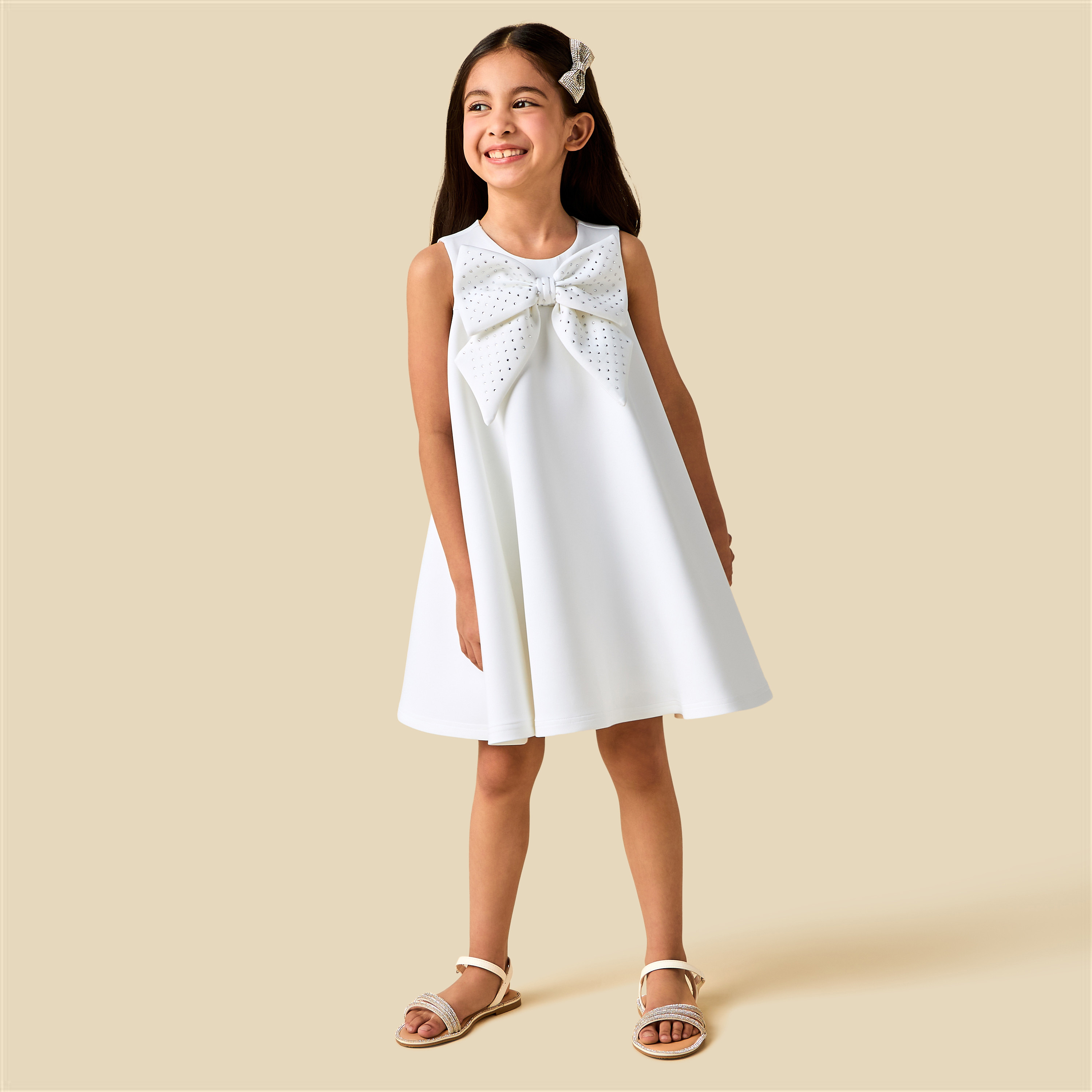 Juniors Round Neck Sleeveless Dress with Bow Embellishment-girls-clothing-dressesandjumpsuits-image-2