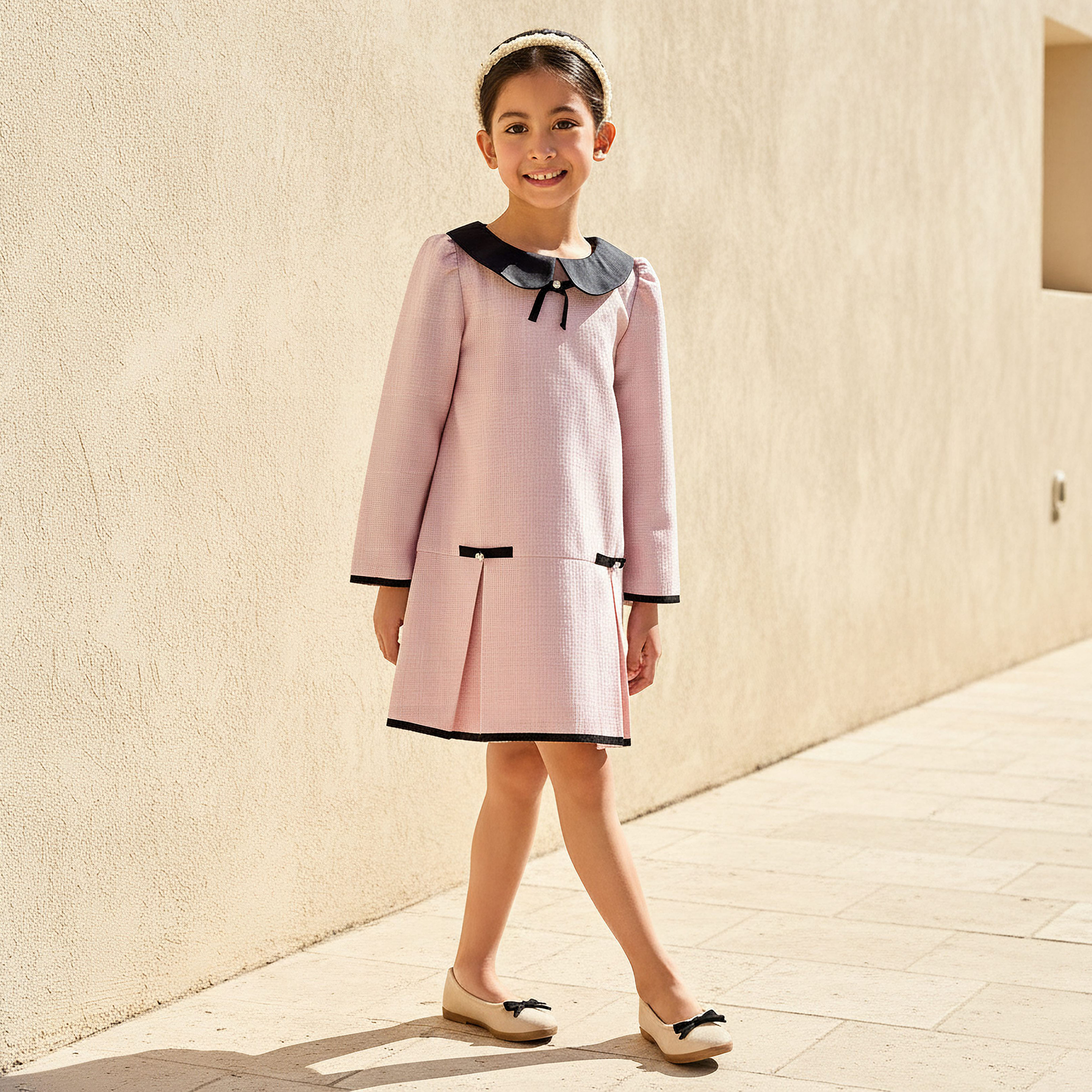 Juniors Peter Pan Collar Long Sleeves Dress with Pearl Embellishment-girls-clothing-dressesandjumpsuits-image-1