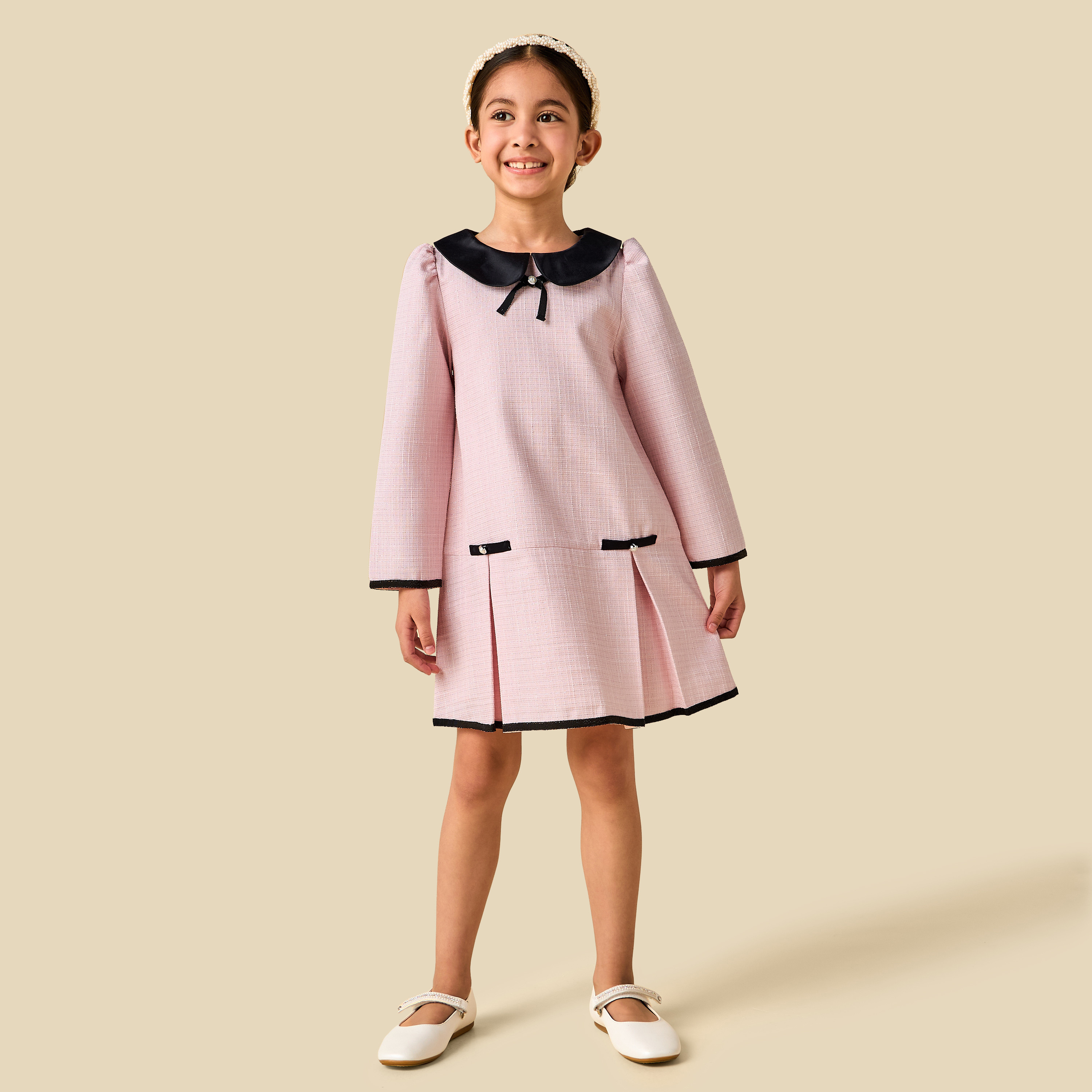 Juniors Peter Pan Collar Long Sleeves Dress with Pearl Embellishment-girls-clothing-dressesandjumpsuits-image-2