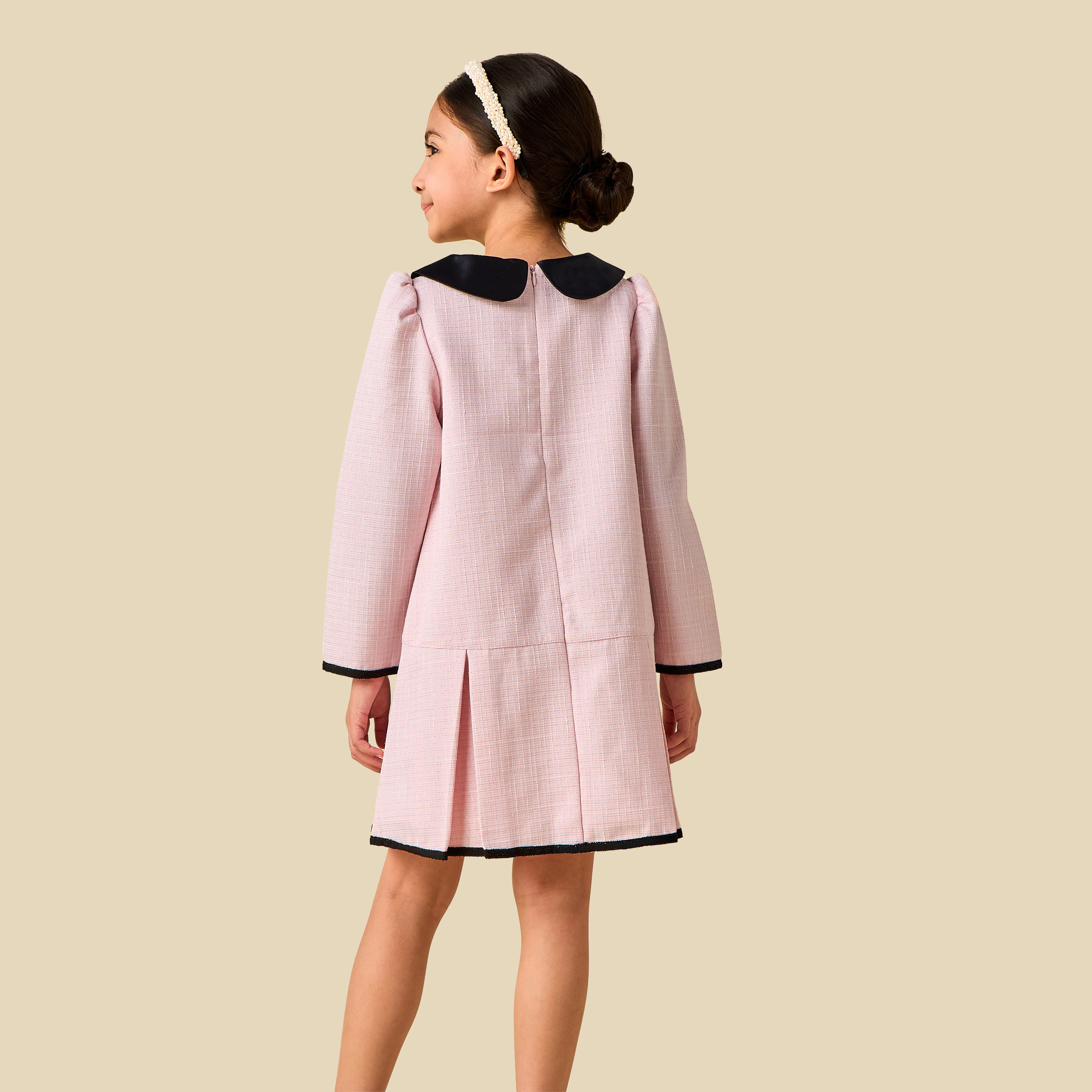 Juniors Peter Pan Collar Long Sleeves Dress with Pearl Embellishment-girls-clothing-dressesandjumpsuits-image-3