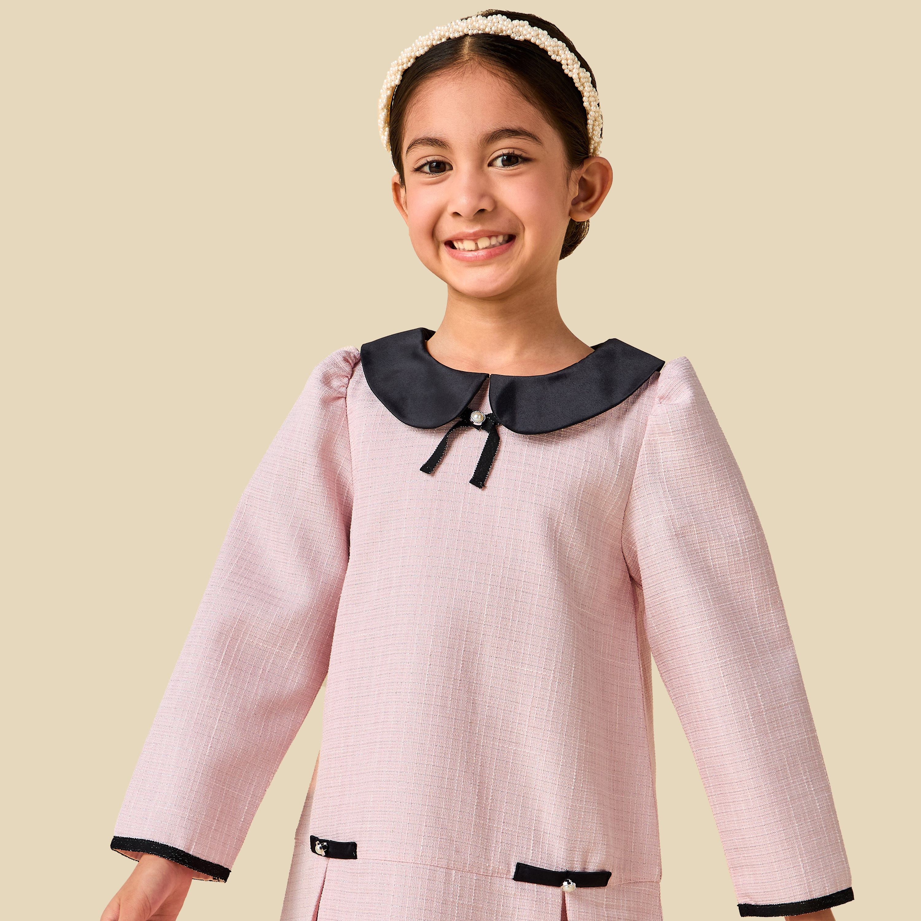 Juniors Peter Pan Collar Long Sleeves Dress with Pearl Embellishment-girls-clothing-dressesandjumpsuits-image-6