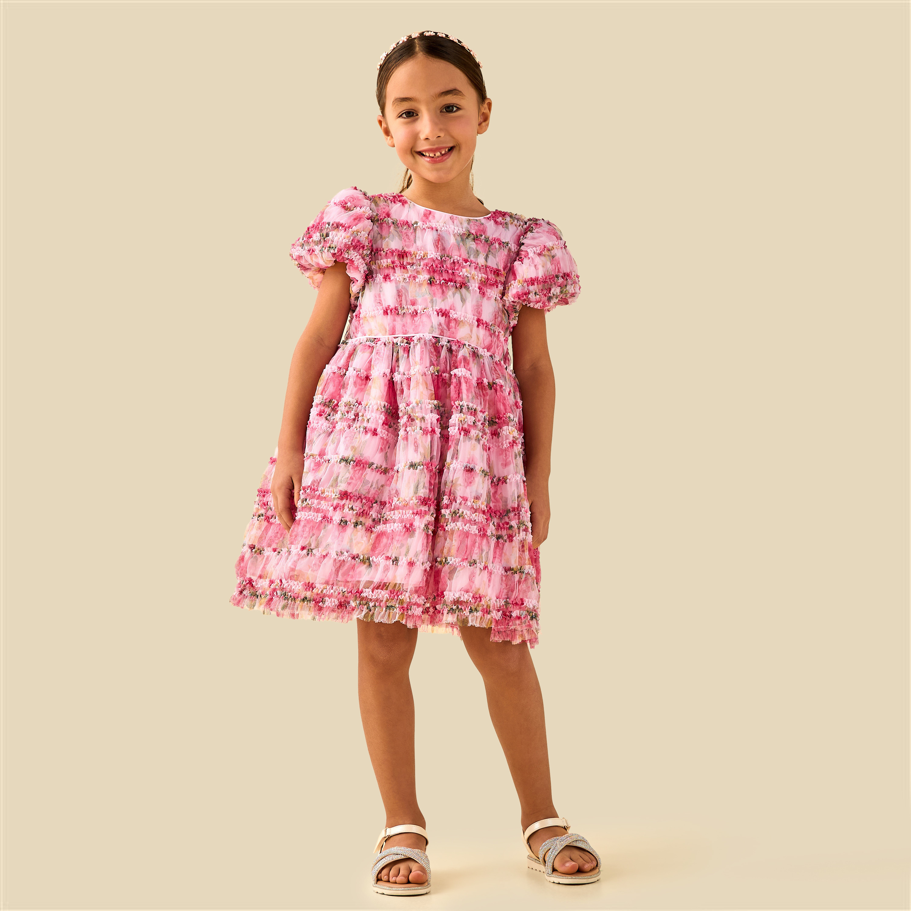 Juniors Round Neck Short Sleeves Tiered Dress with Floral Print-girls-clothing-dressesandjumpsuits-image-3