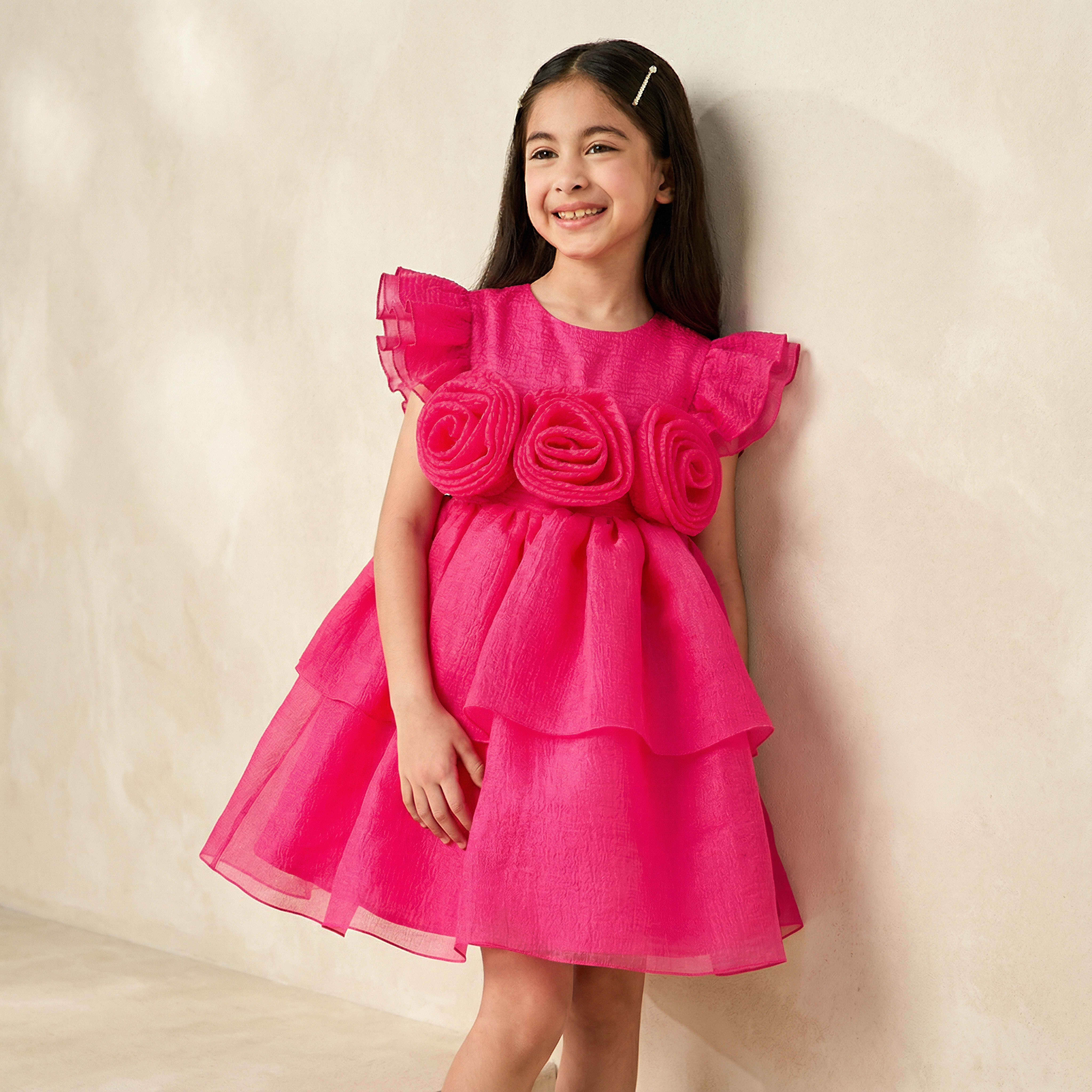 Juniors Round Neck Cap Sleeves Dress with Floral Applique-girls-clothing-dressesandjumpsuits-image-1
