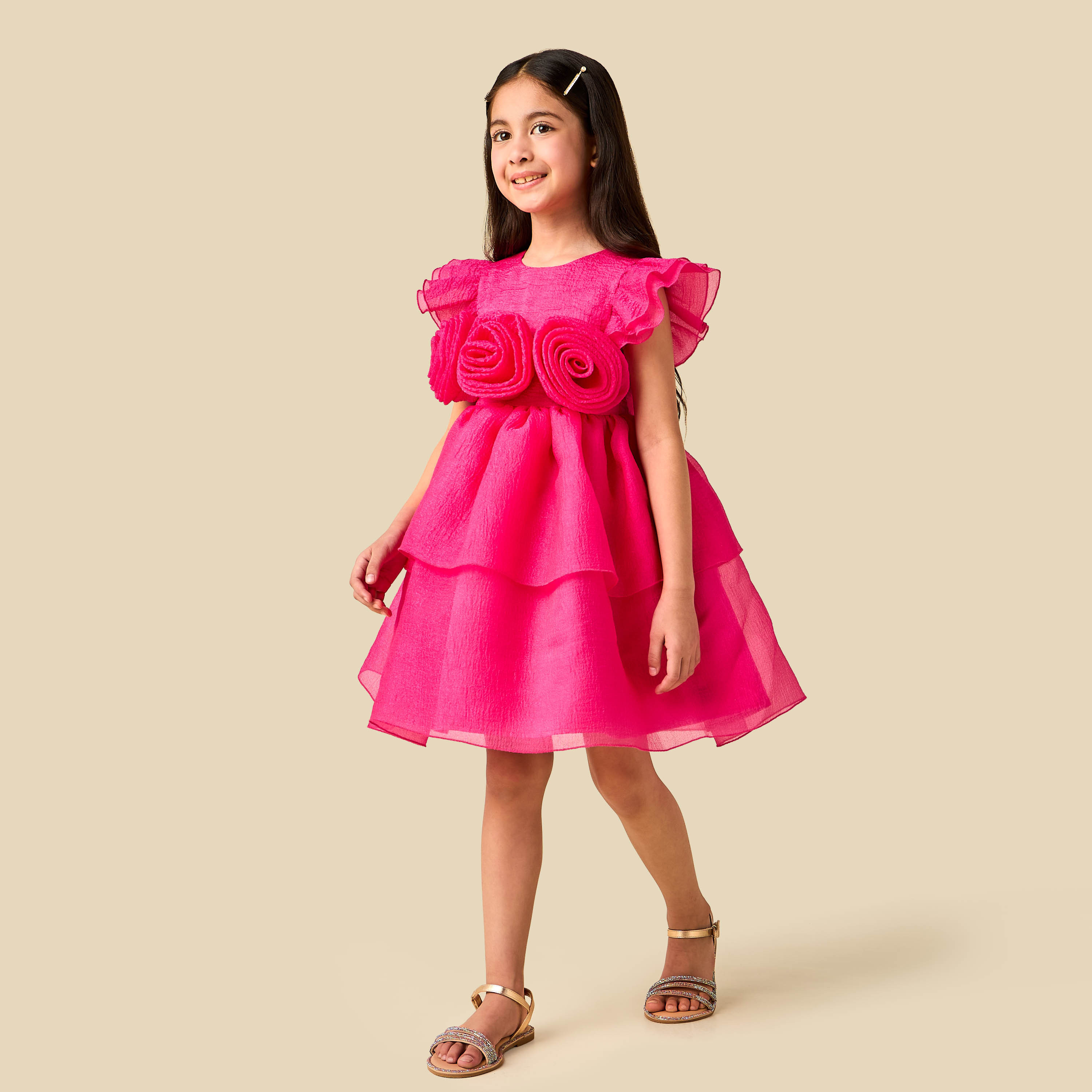 Juniors Round Neck Cap Sleeves Dress with Floral Applique-girls-clothing-dressesandjumpsuits-image-2