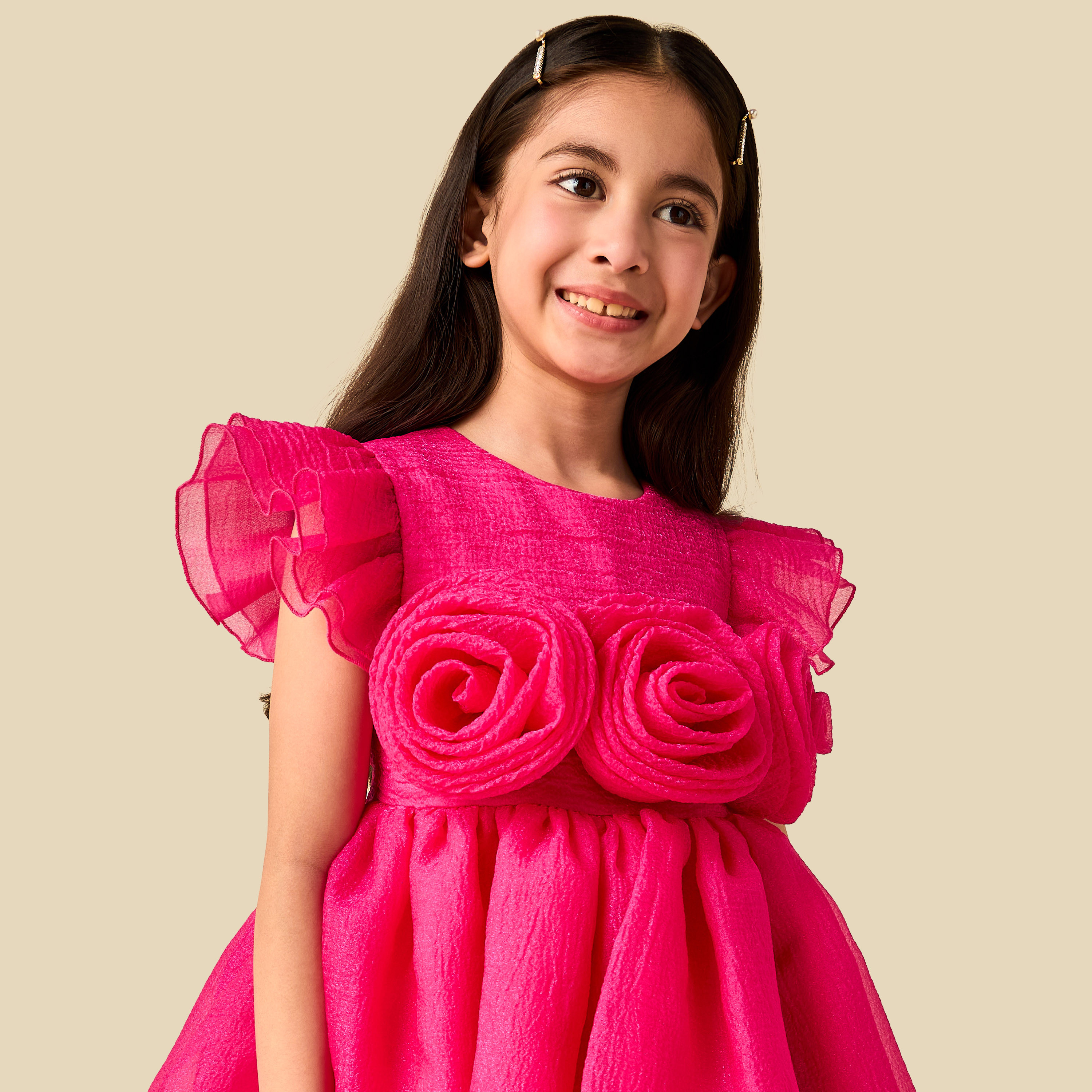 Juniors Round Neck Cap Sleeves Dress with Floral Applique-girls-clothing-dressesandjumpsuits-image-5
