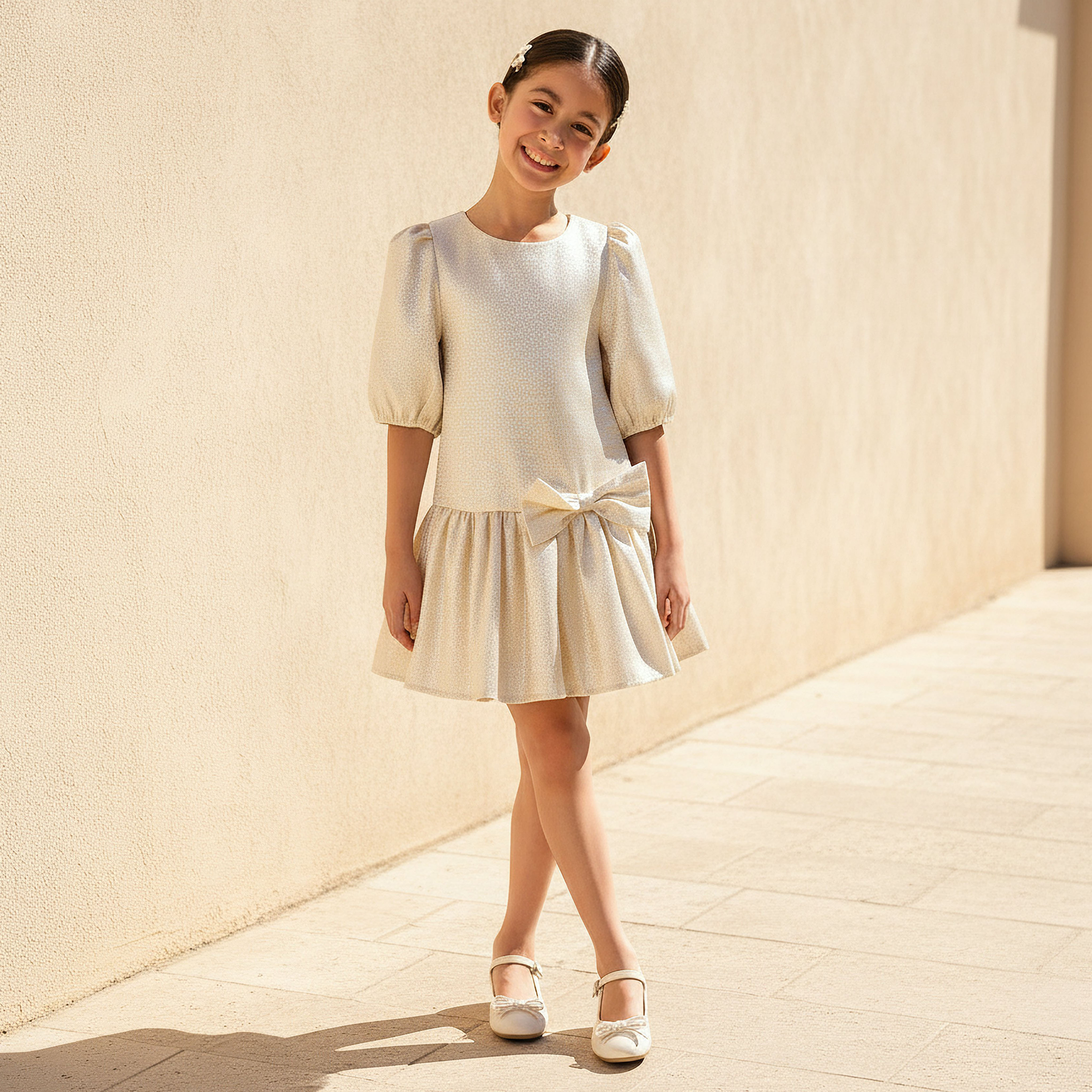 Juniors Round Neck 3/4 Sleeves Drop Waist Dress with Textured Bow Applique-girls-clothing-dressesandjumpsuits-image-2