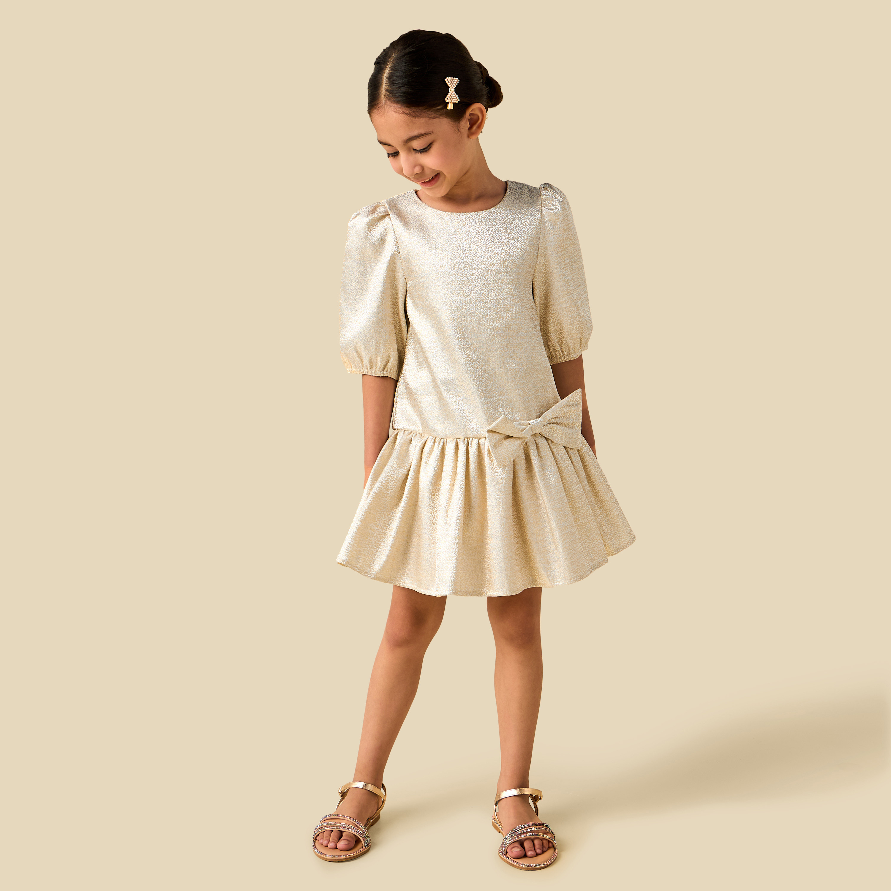 Juniors Round Neck 3/4 Sleeves Drop Waist Dress with Textured Bow Applique-girls-clothing-dressesandjumpsuits-image-3