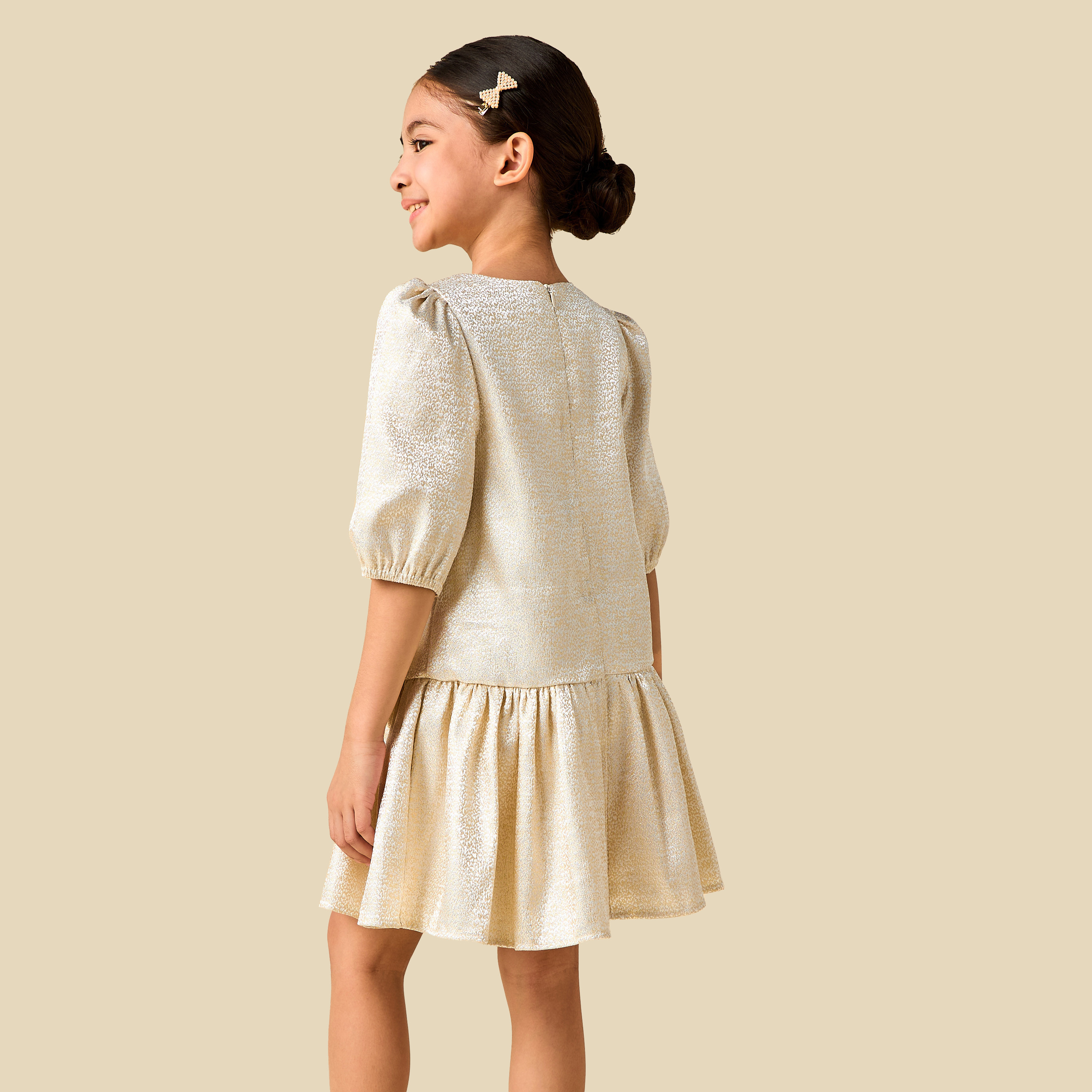 Juniors Round Neck 3/4 Sleeves Drop Waist Dress with Textured Bow Applique-girls-clothing-dressesandjumpsuits-image-4