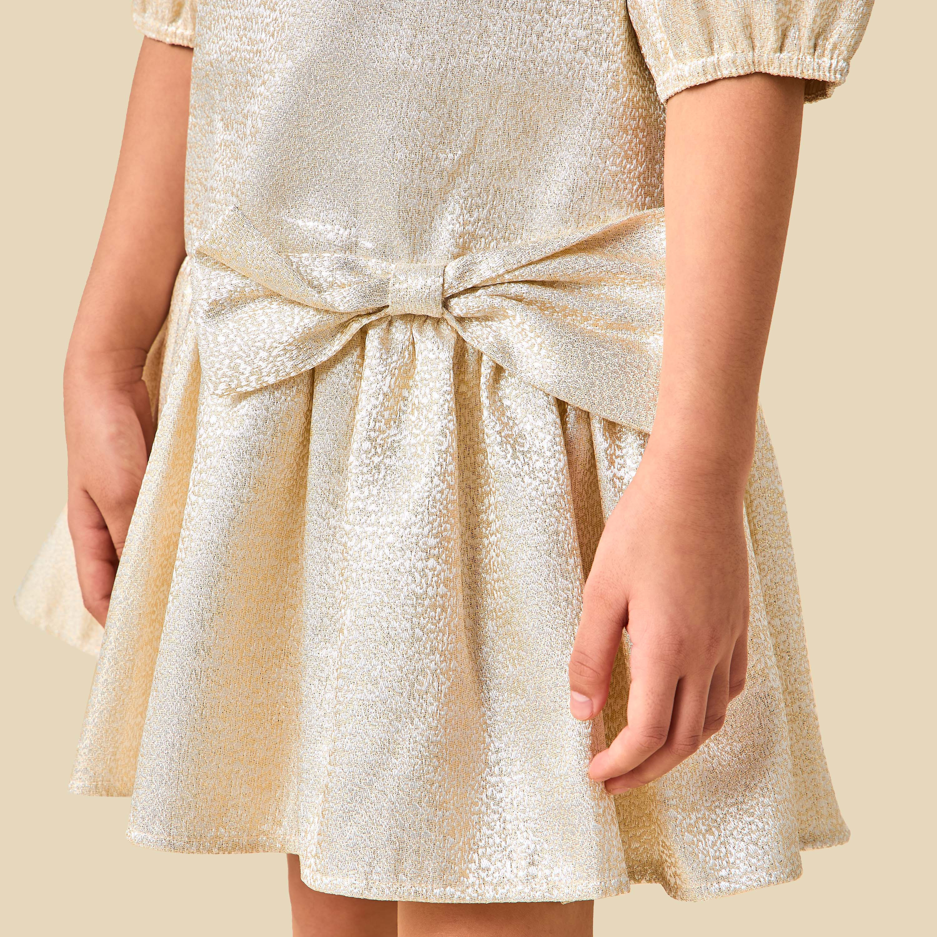 Juniors Round Neck 3/4 Sleeves Drop Waist Dress with Textured Bow Applique-girls-clothing-dressesandjumpsuits-image-6