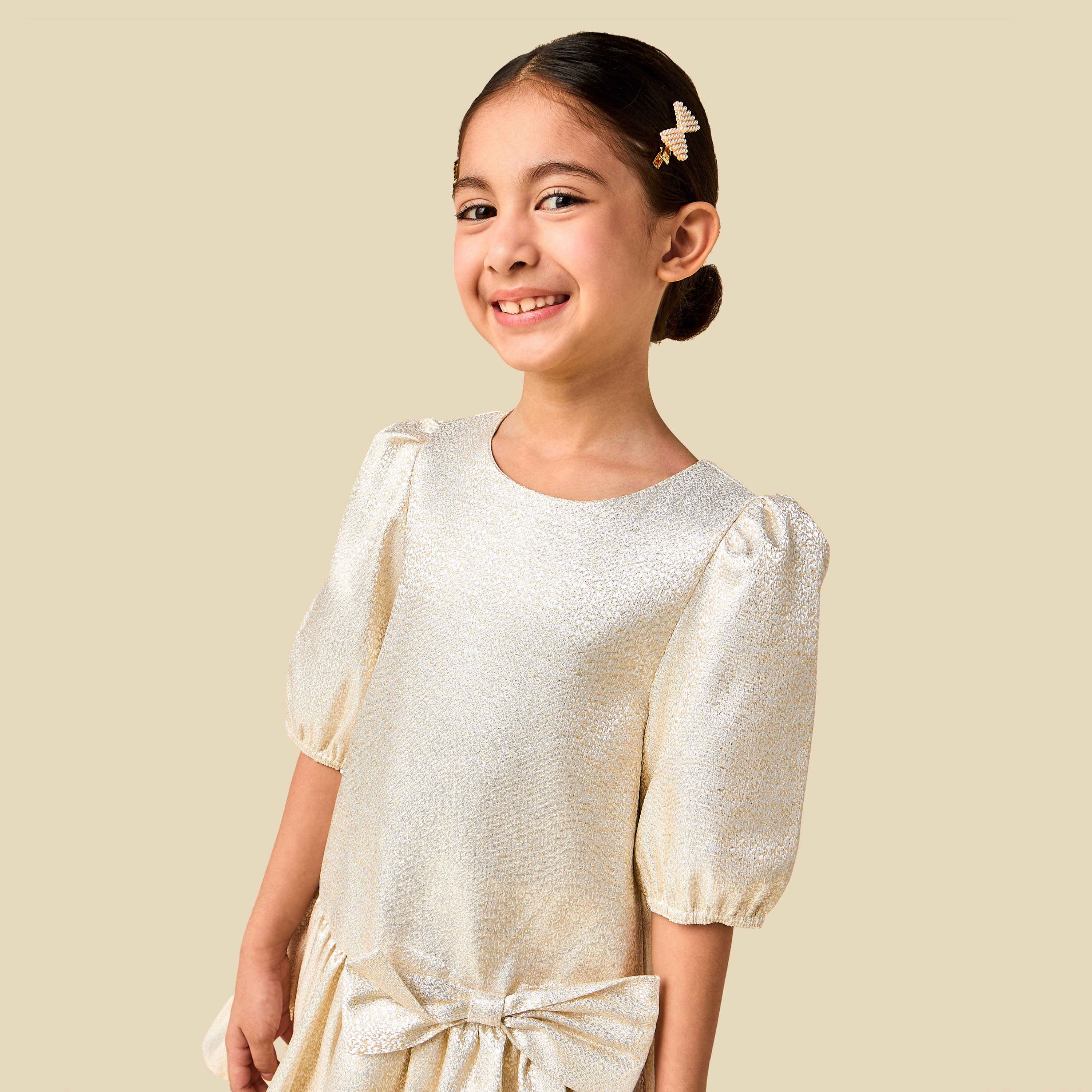 Juniors Round Neck 3/4 Sleeves Drop Waist Dress with Textured Bow Applique-girls-clothing-dressesandjumpsuits-image-7