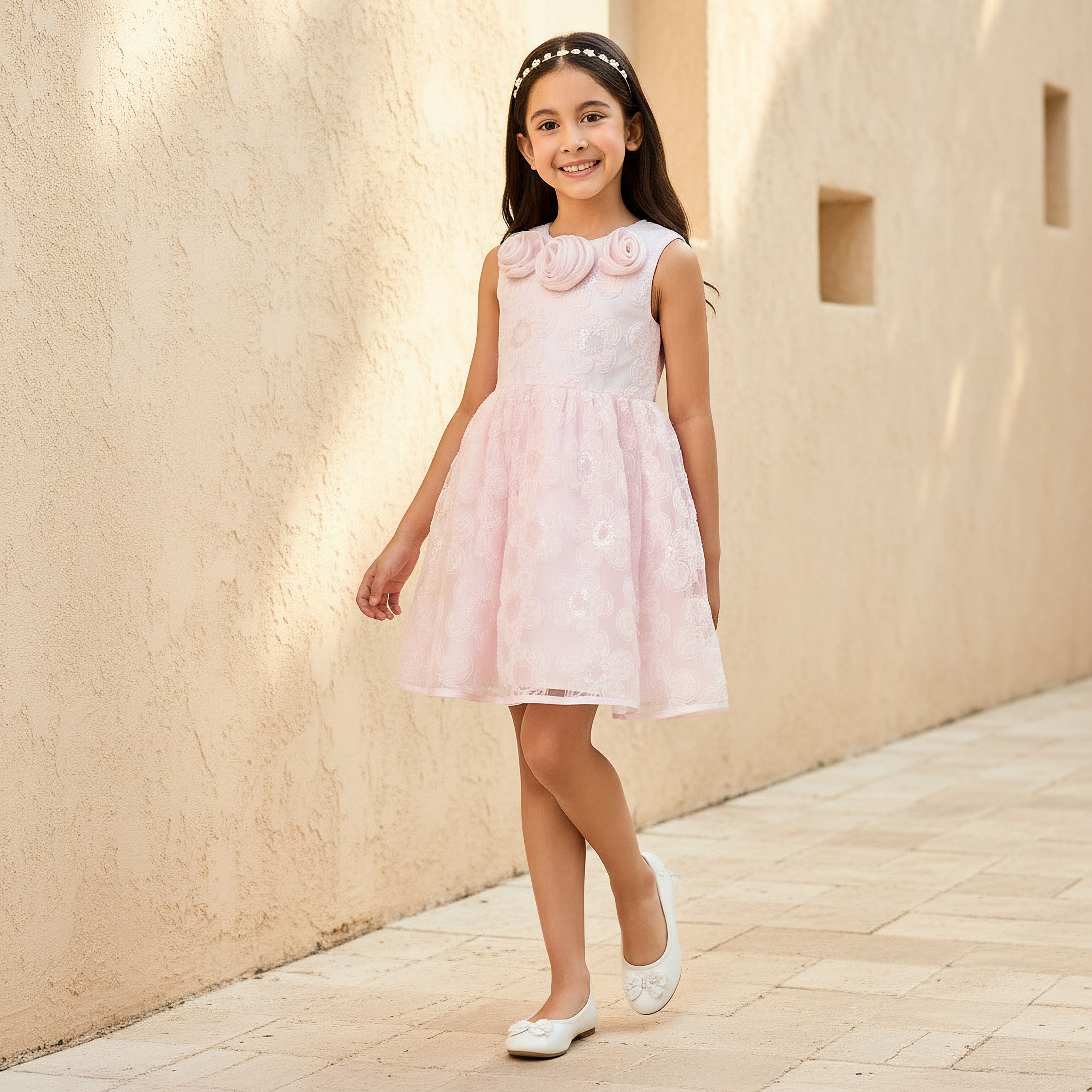 Juniors Round Neck Sleeveless Dress with Sequin and Floral Embellishments-girls-clothing-dressesandjumpsuits-image-2