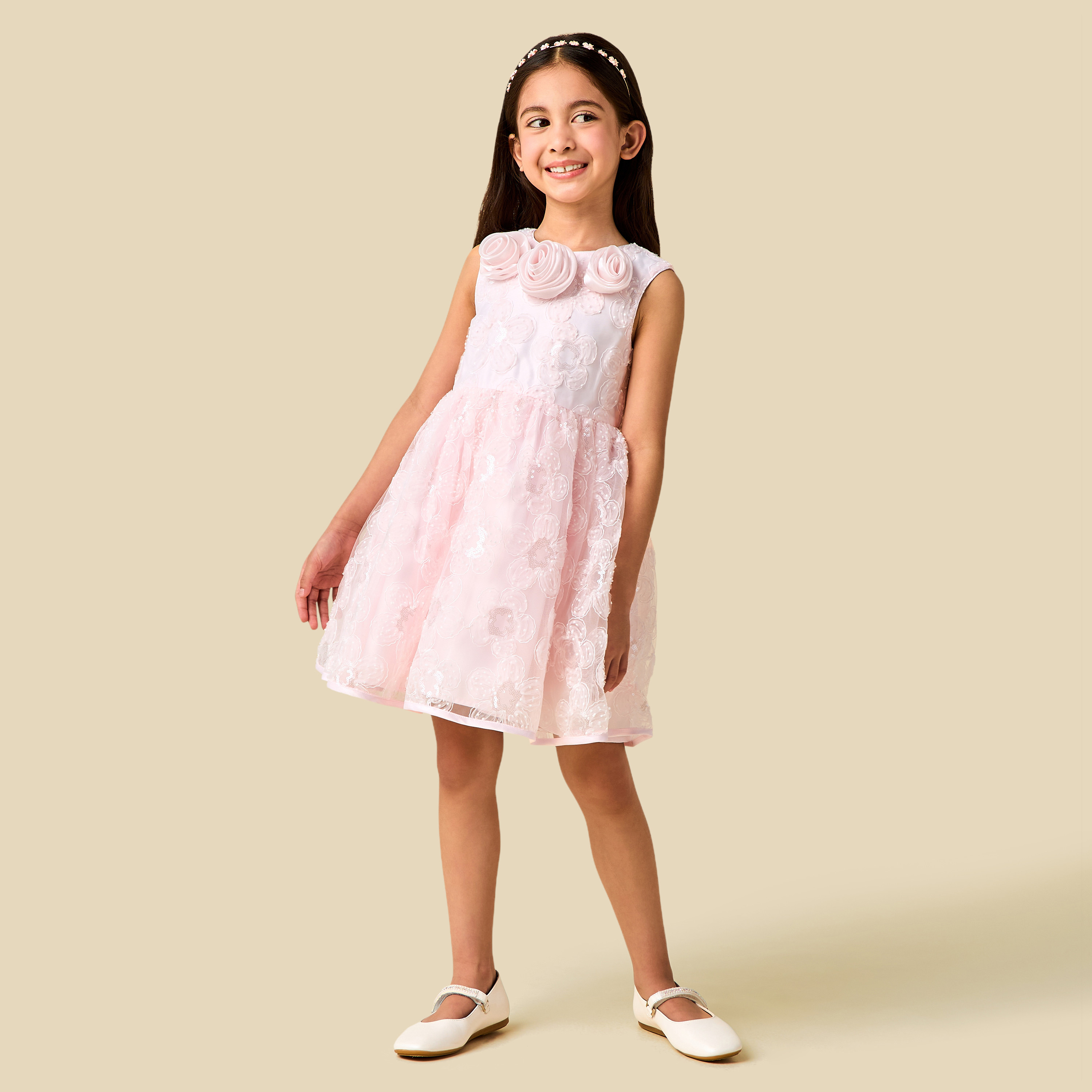 Juniors Round Neck Sleeveless Dress with Sequin and Floral Embellishments-girls-clothing-dressesandjumpsuits-image-3