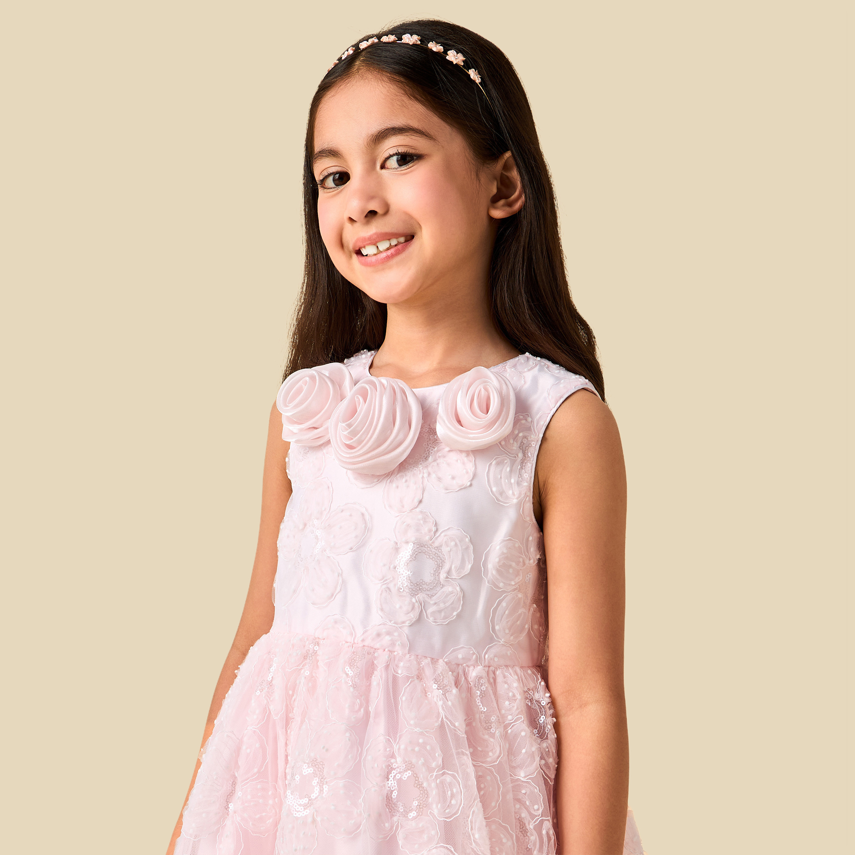 Juniors Round Neck Sleeveless Dress with Sequin and Floral Embellishments-girls-clothing-dressesandjumpsuits-image-4