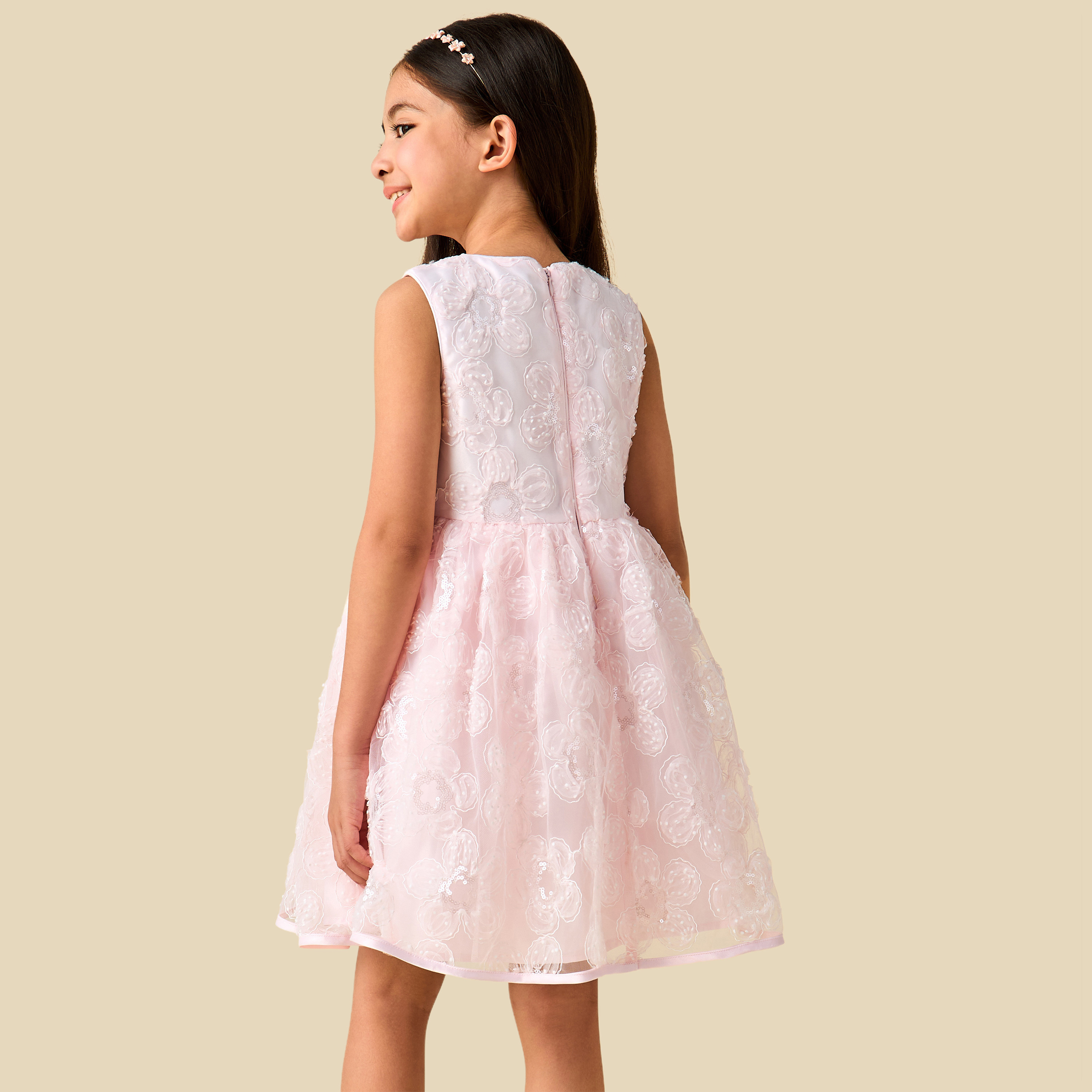 Juniors Round Neck Sleeveless Dress with Sequin and Floral Embellishments-girls-clothing-dressesandjumpsuits-image-6