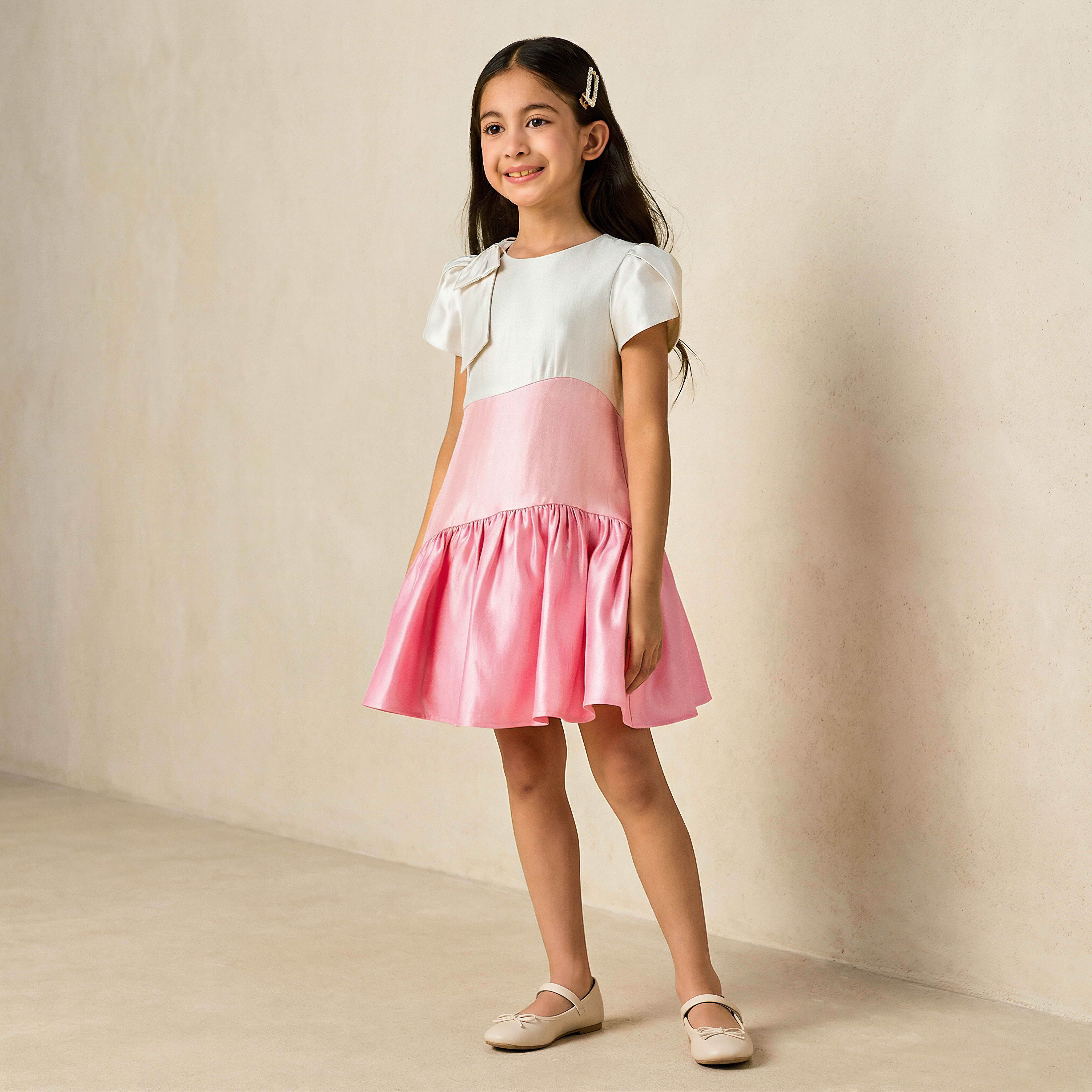 Juniors Round Neck Short Sleeves Dress with Bow Applique-girls-clothing-dressesandjumpsuits-image-1