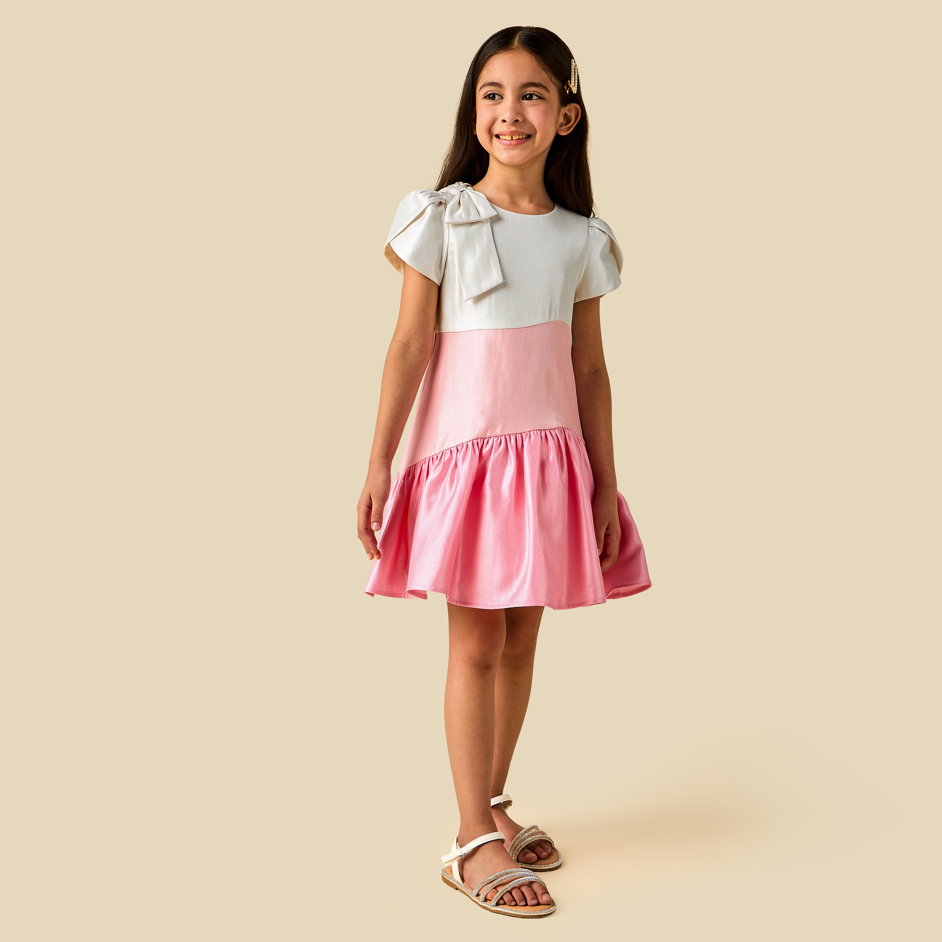 Juniors Round Neck Short Sleeves Dress with Bow Applique-girls-clothing-dressesandjumpsuits-image-2