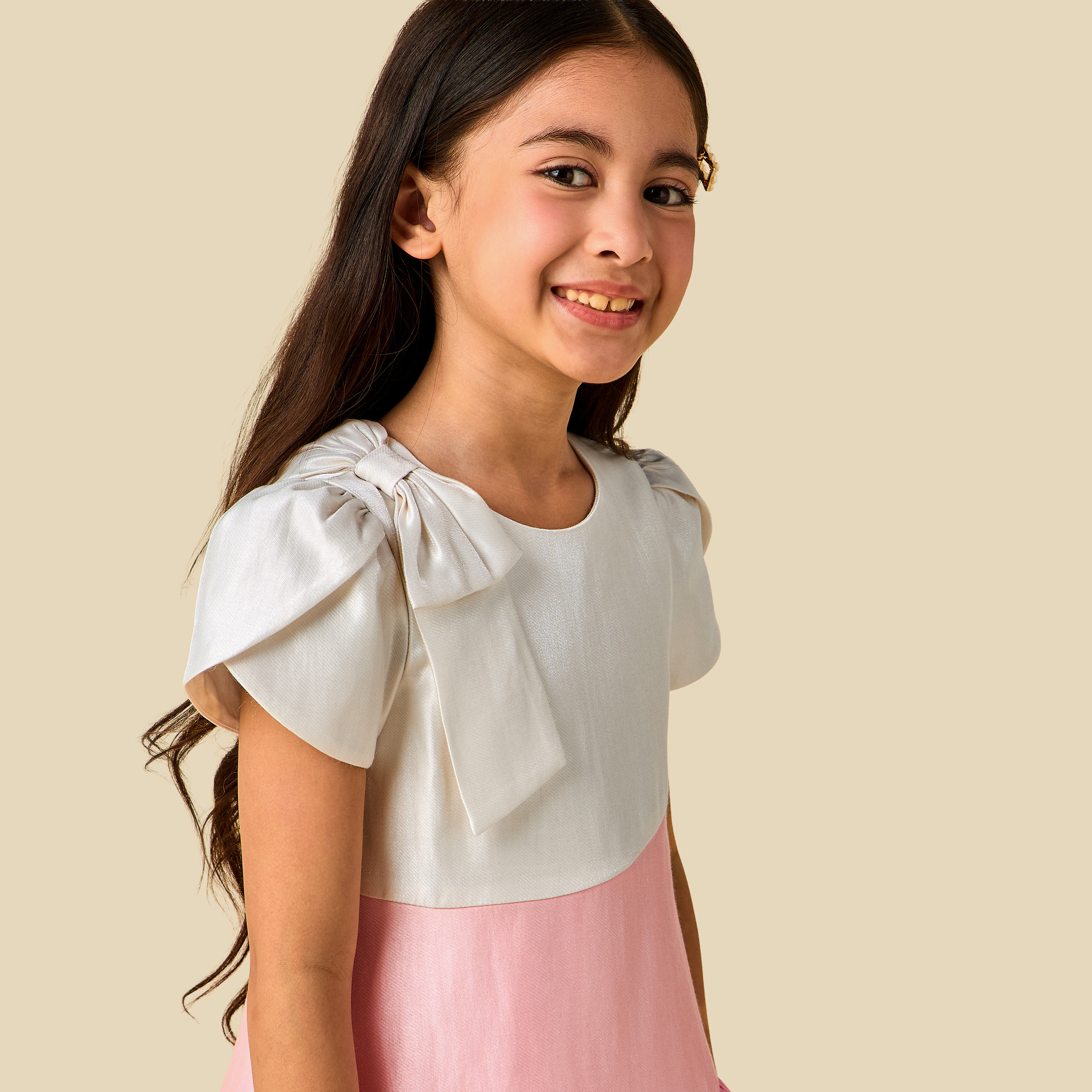 Juniors Round Neck Short Sleeves Dress with Bow Applique-girls-clothing-dressesandjumpsuits-image-4