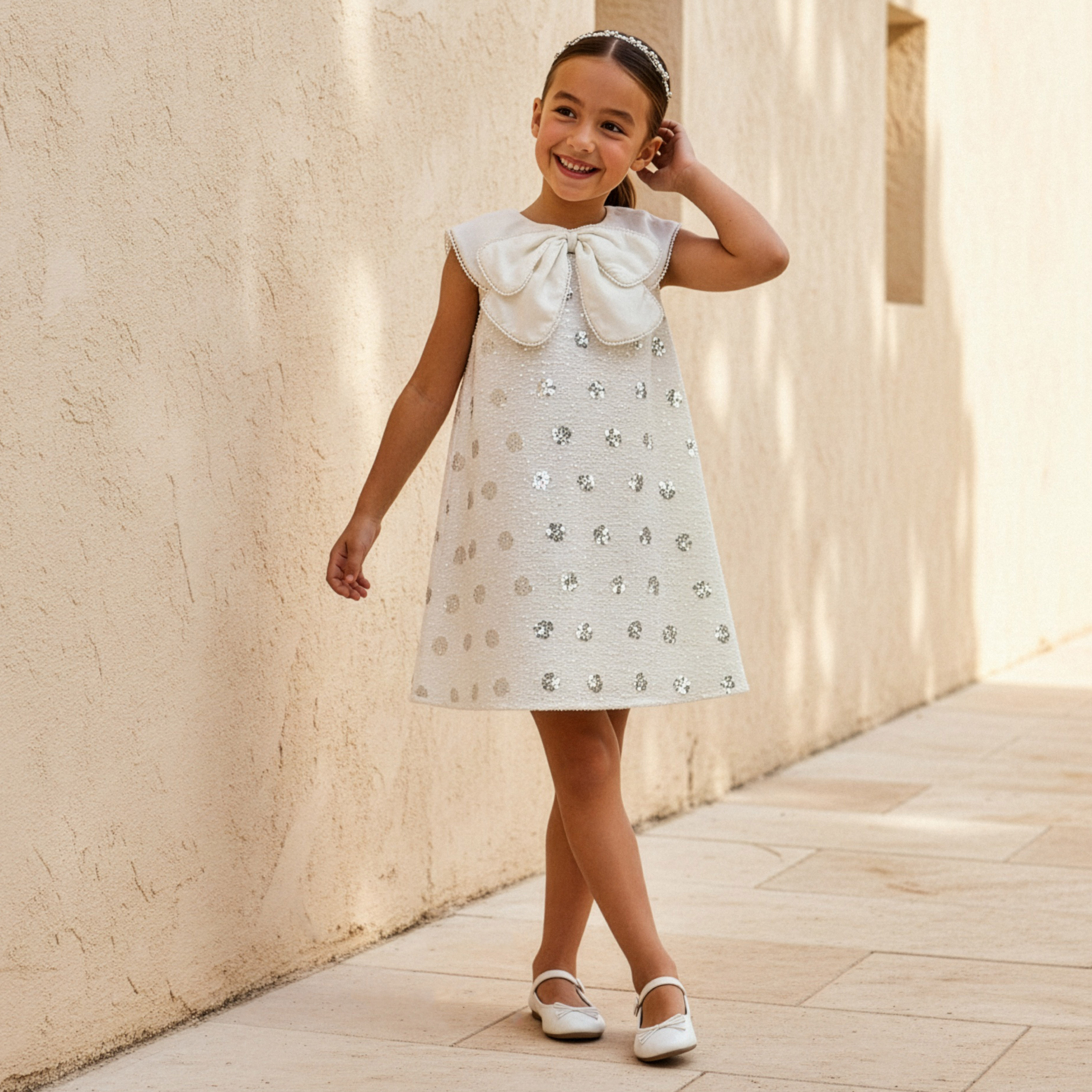 فستان إيه لاين دون أكمام برقبة مستديرة وفيونكة مزينة بالترتر من جونيورز-girls-clothing-dressesandjumpsuits-image-2