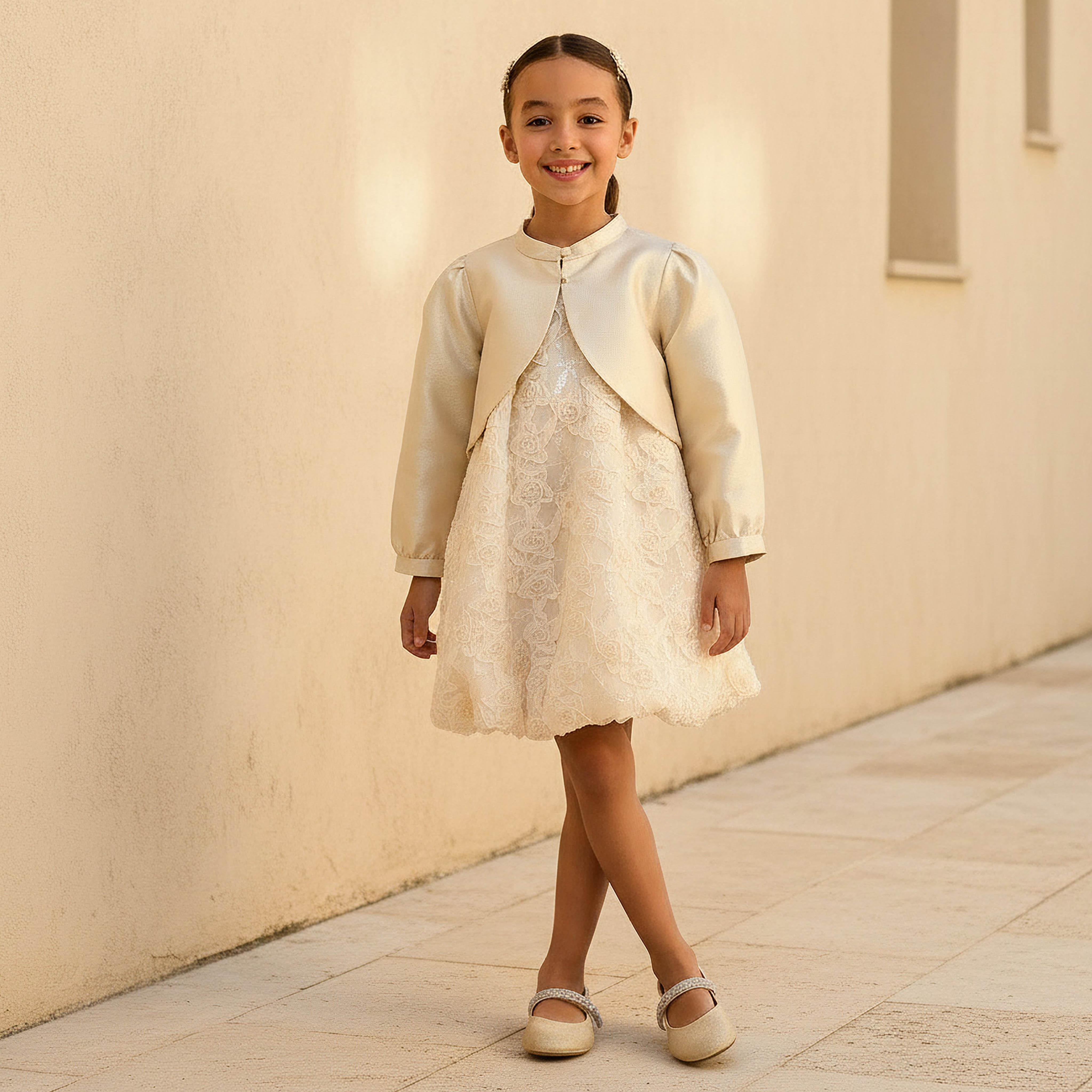 Juniors Round Neck Dress and Bolero Set with Floral Lace Texture-girls-clothing-dressesandjumpsuits-image-2