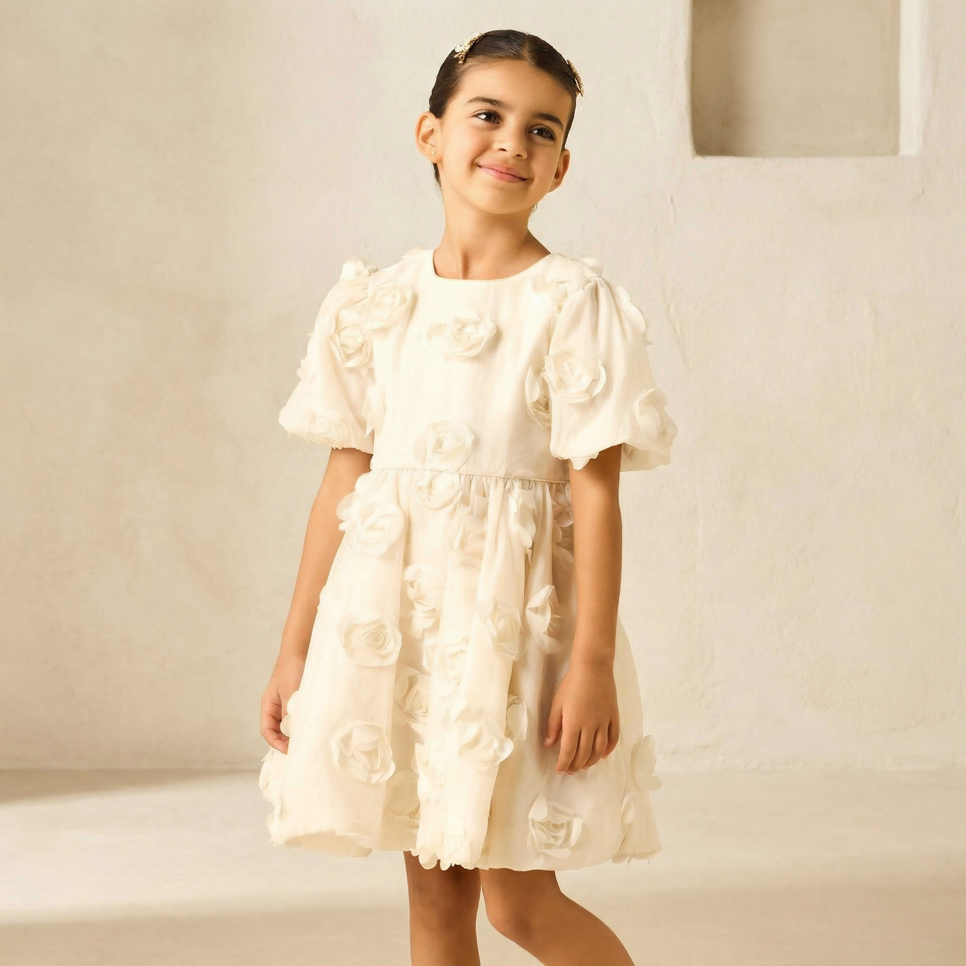 Juniors Round Neck Short Sleeves A-line Dress with Floral Applique-girls-clothing-dressesandjumpsuits-image-1