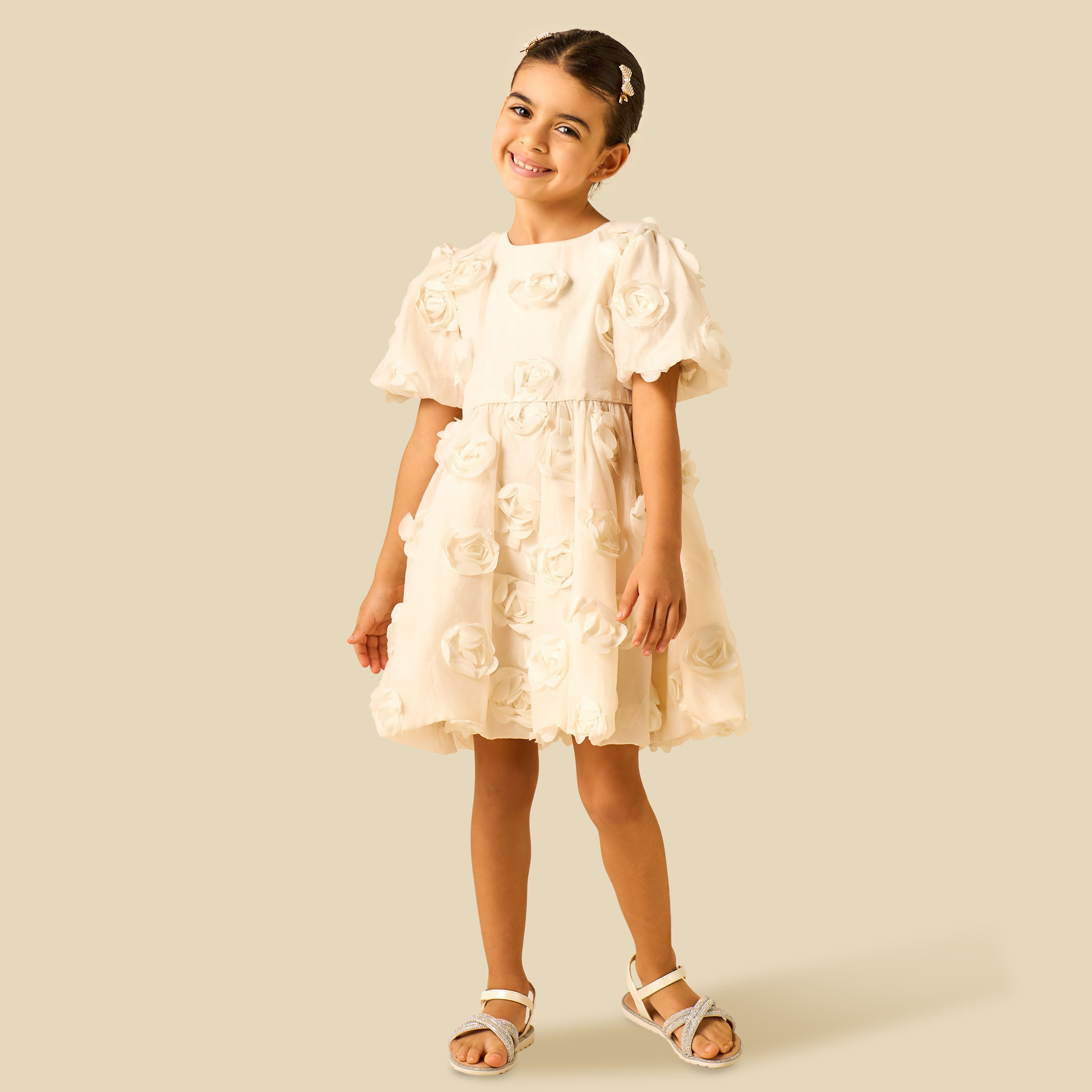 Juniors Round Neck Short Sleeves A-line Dress with Floral Applique-girls-clothing-dressesandjumpsuits-image-2