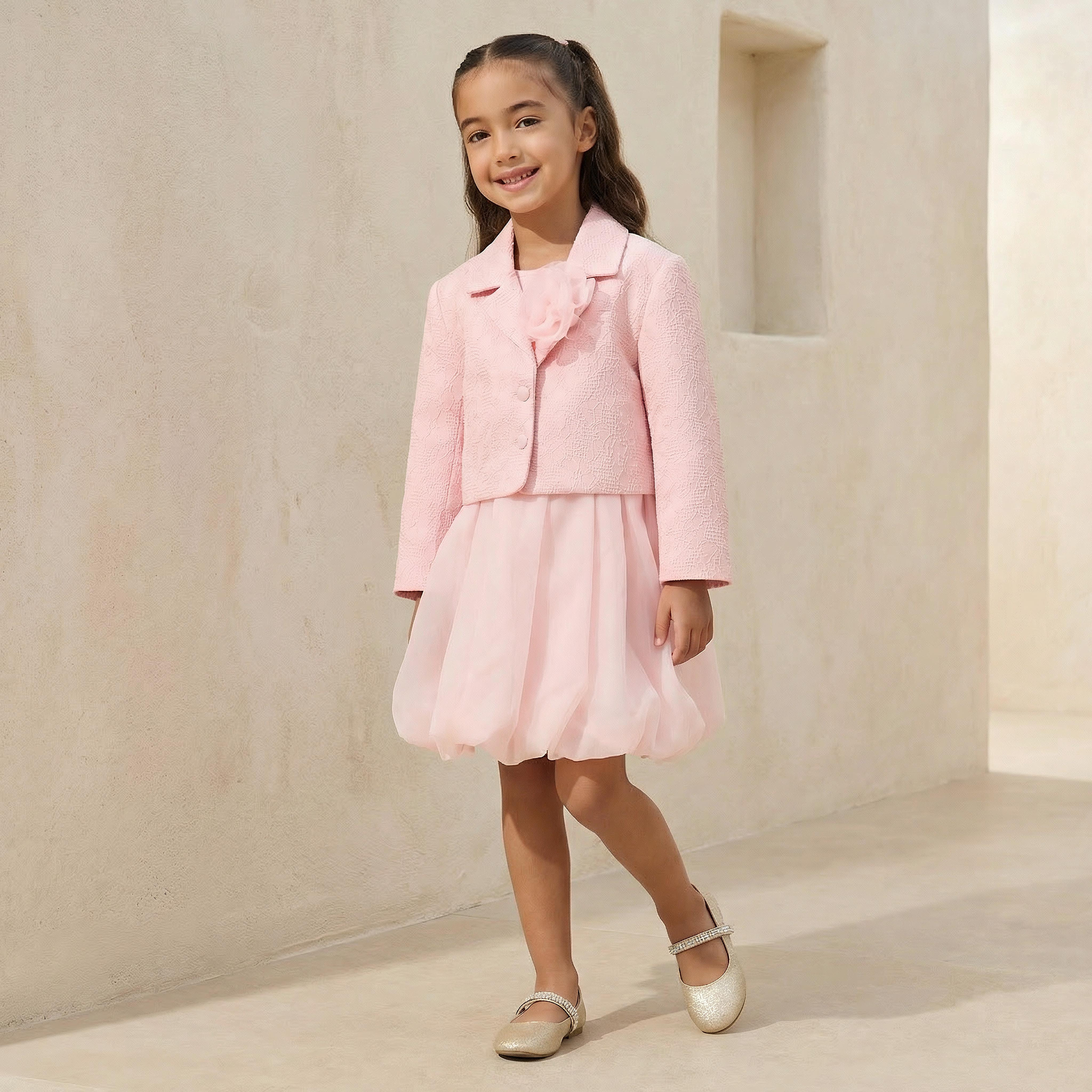 فستان دون أكمام بياقة مستديرة مع بليزر بتصميم أزهار بارز الملمس من جونيورز-girls-clothing-dressesandjumpsuits-image-6