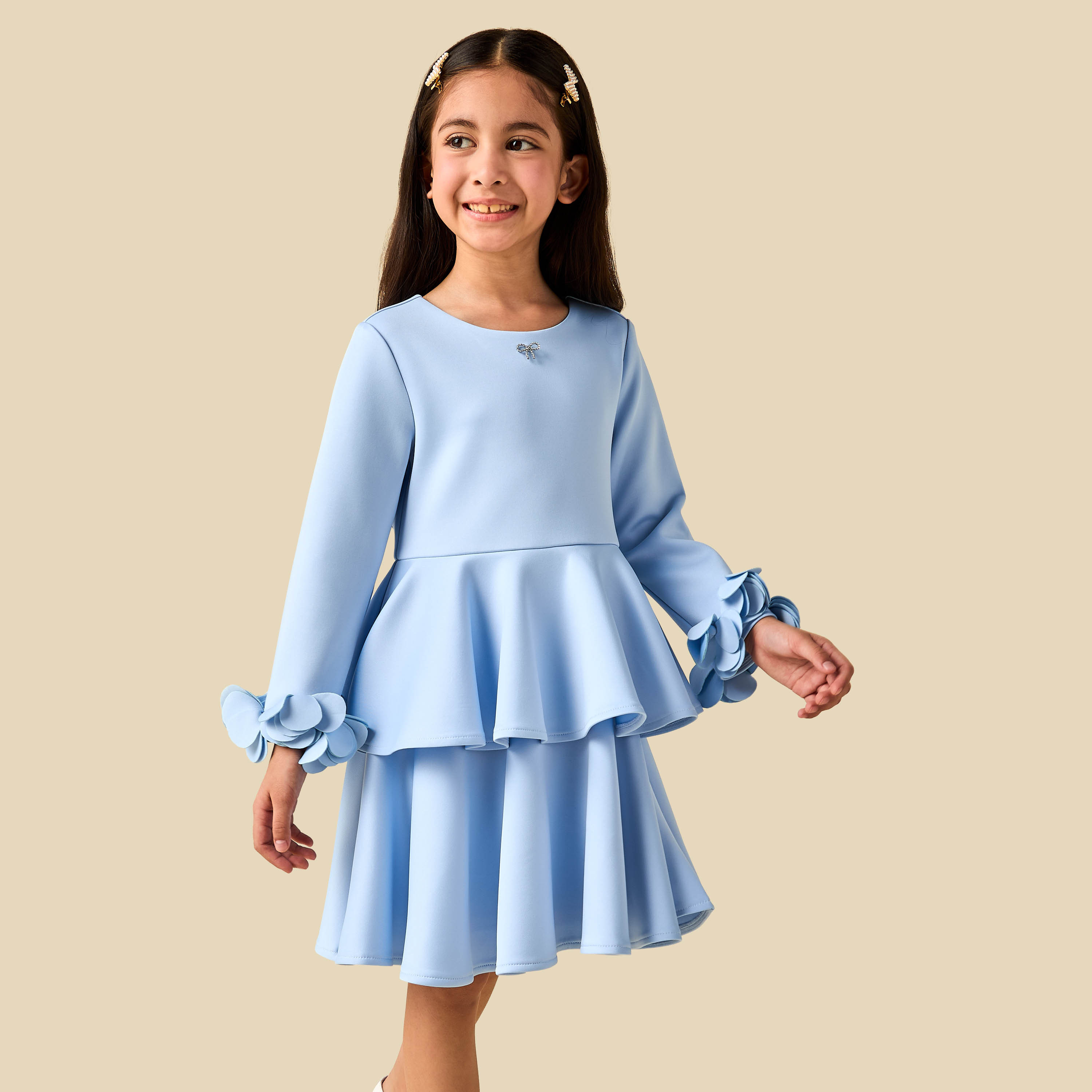 Juniors Round Neck Long Sleeves Tiered Dress with Ruffle Detail-girls-clothing-dressesandjumpsuits-image-2