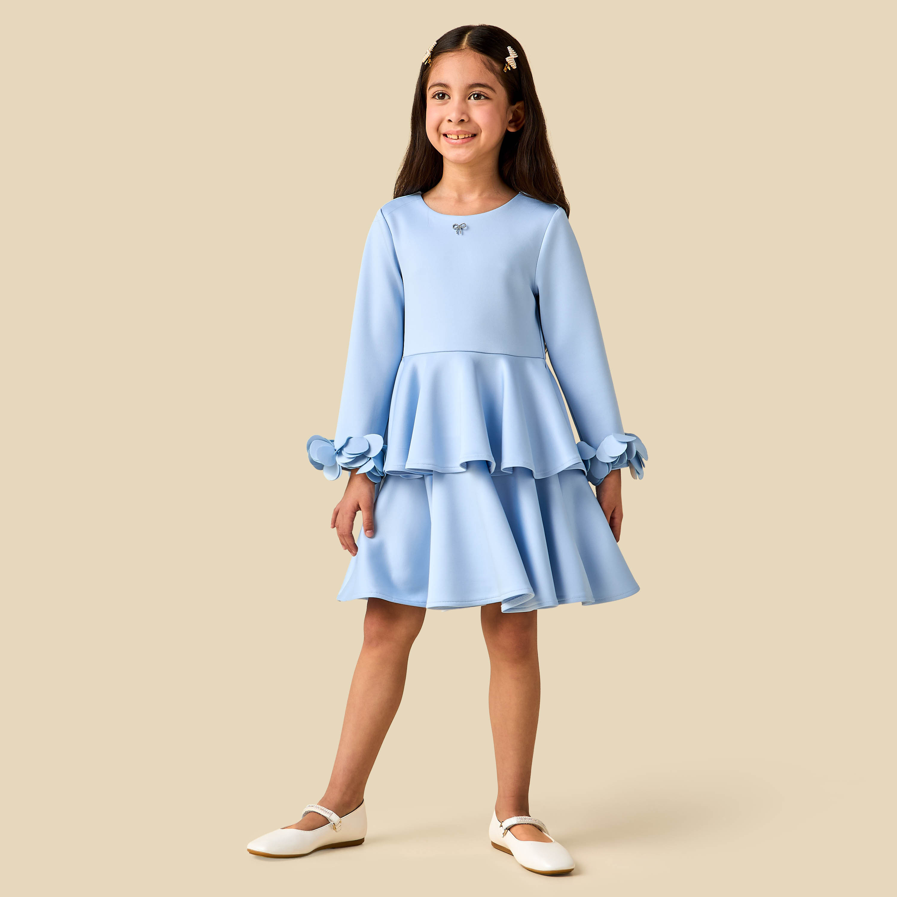 Juniors Round Neck Long Sleeves Tiered Dress with Ruffle Detail-girls-clothing-dressesandjumpsuits-image-3