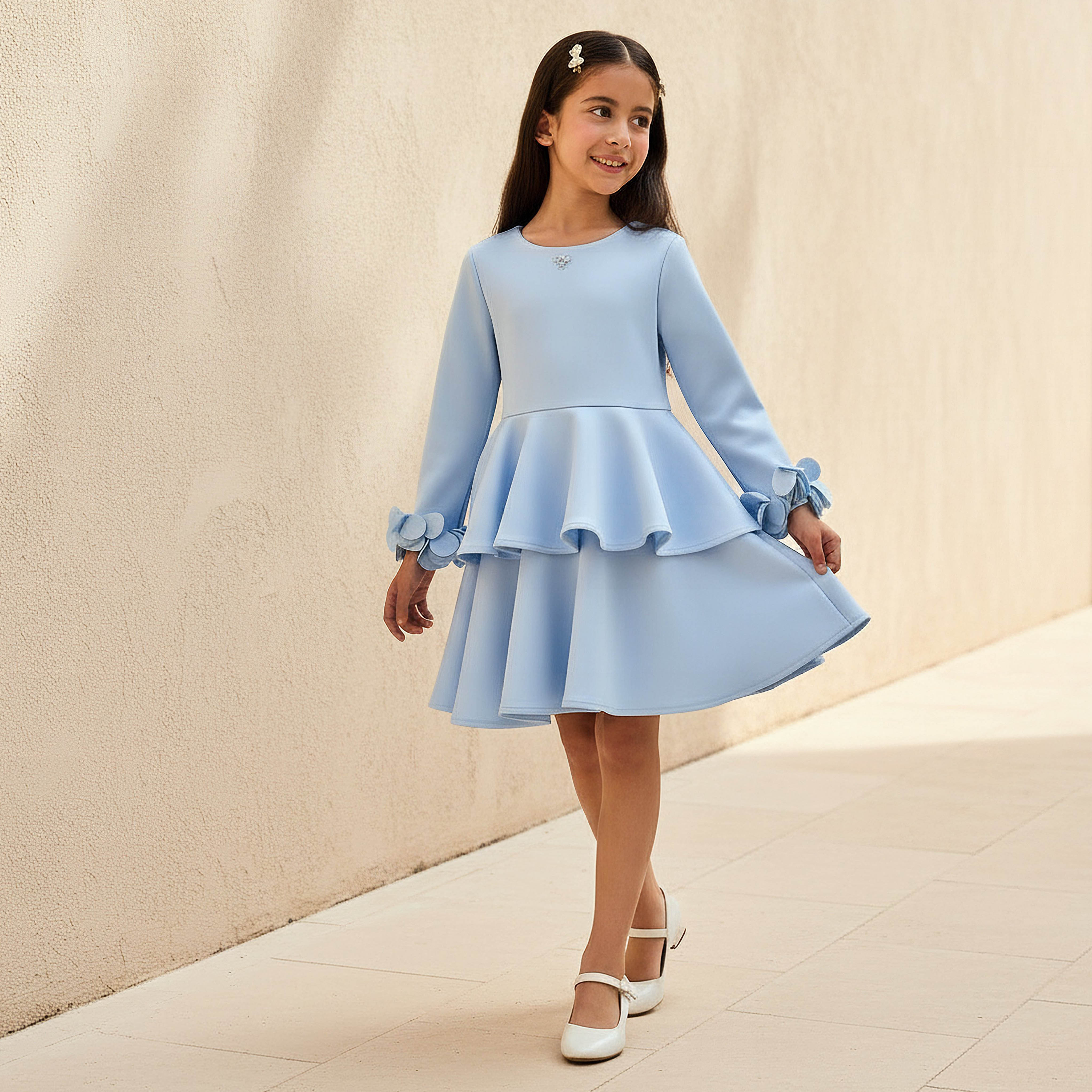 Juniors Round Neck Long Sleeves Tiered Dress with Ruffle Detail-girls-clothing-dressesandjumpsuits-image-1