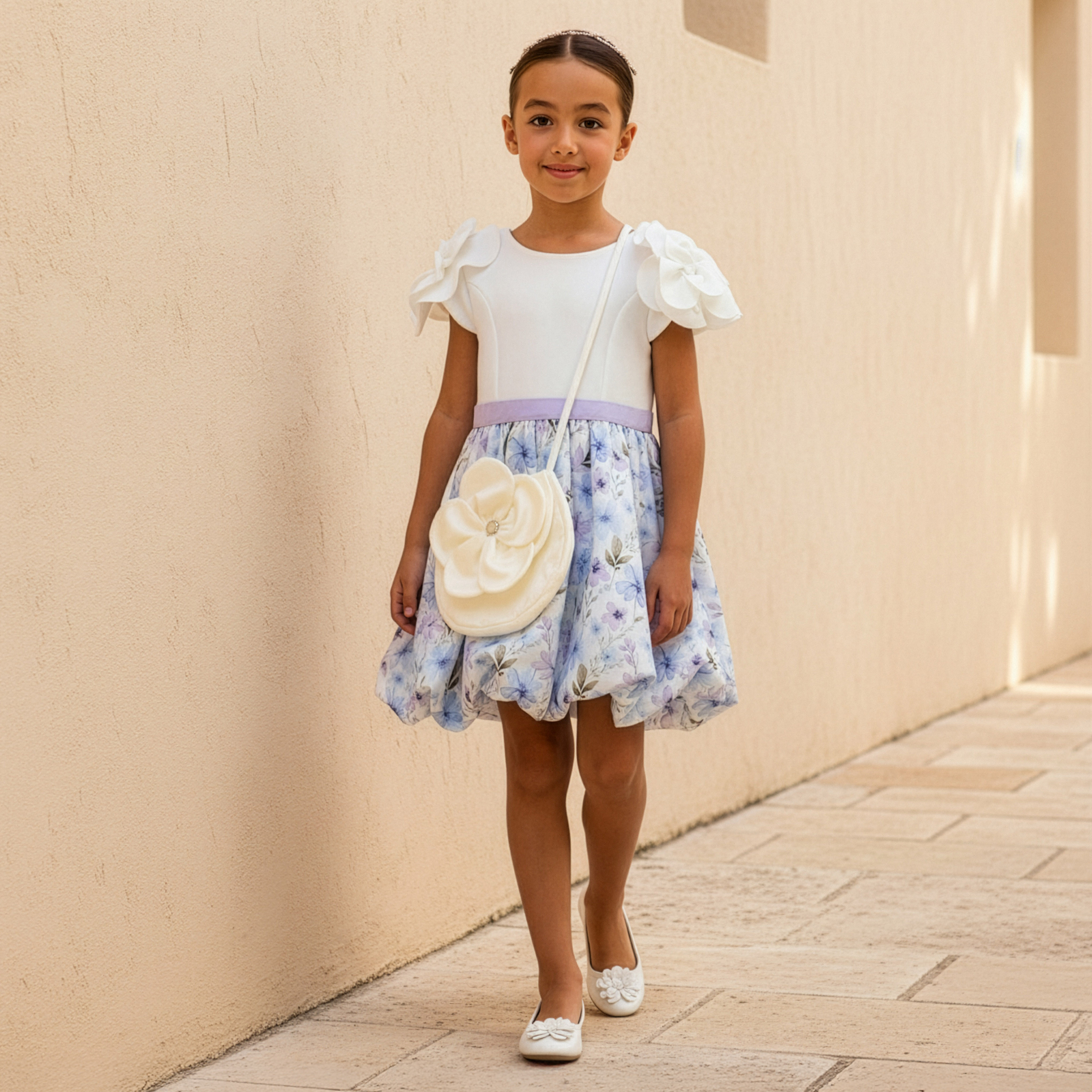 Juniors Round Neck Short Sleeves Balloon Dress and Crossbody Bag with Floral Print-girls-clothing-dressesandjumpsuits-image-1