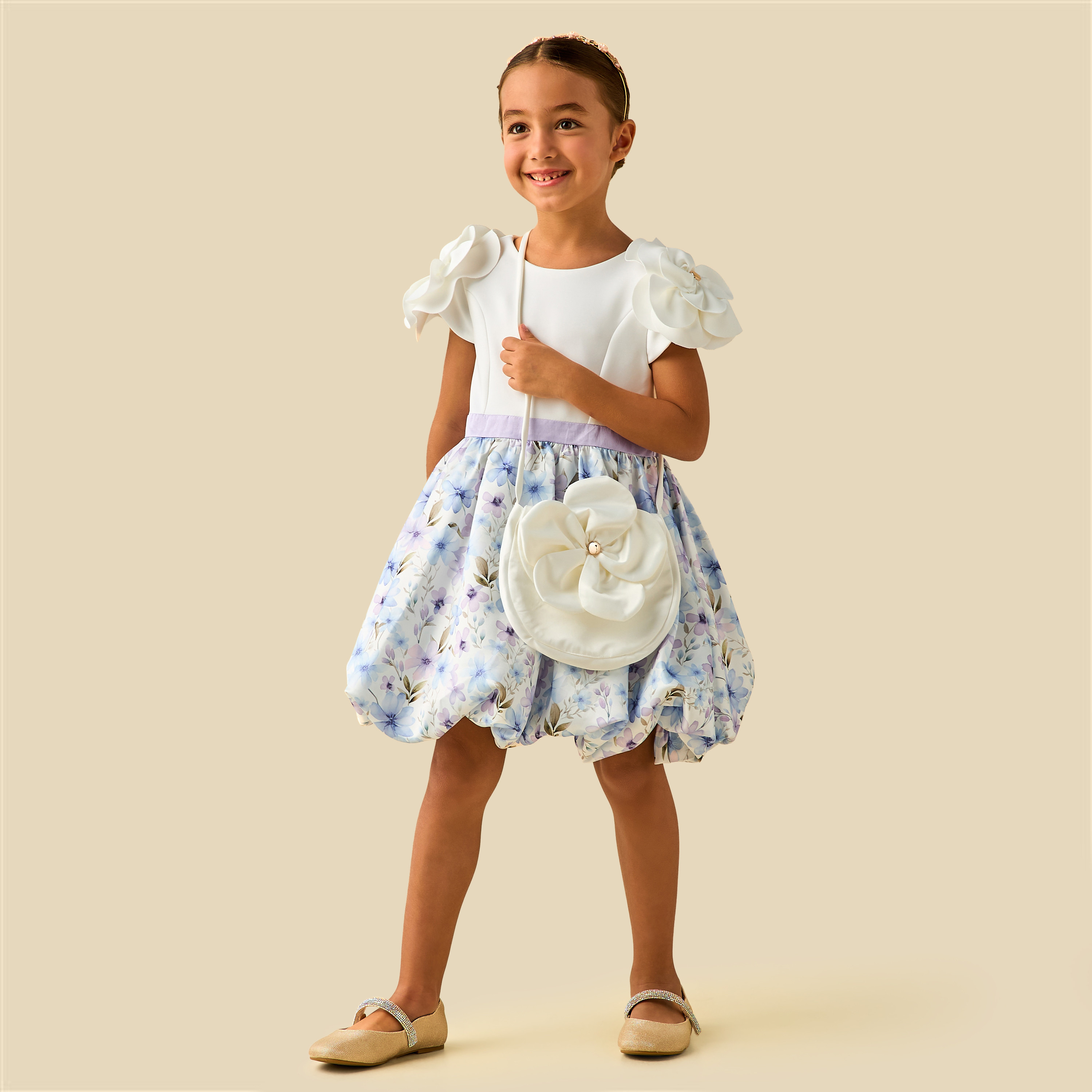 Juniors Round Neck Short Sleeves Balloon Dress and Crossbody Bag with Floral Print-girls-clothing-dressesandjumpsuits-image-2